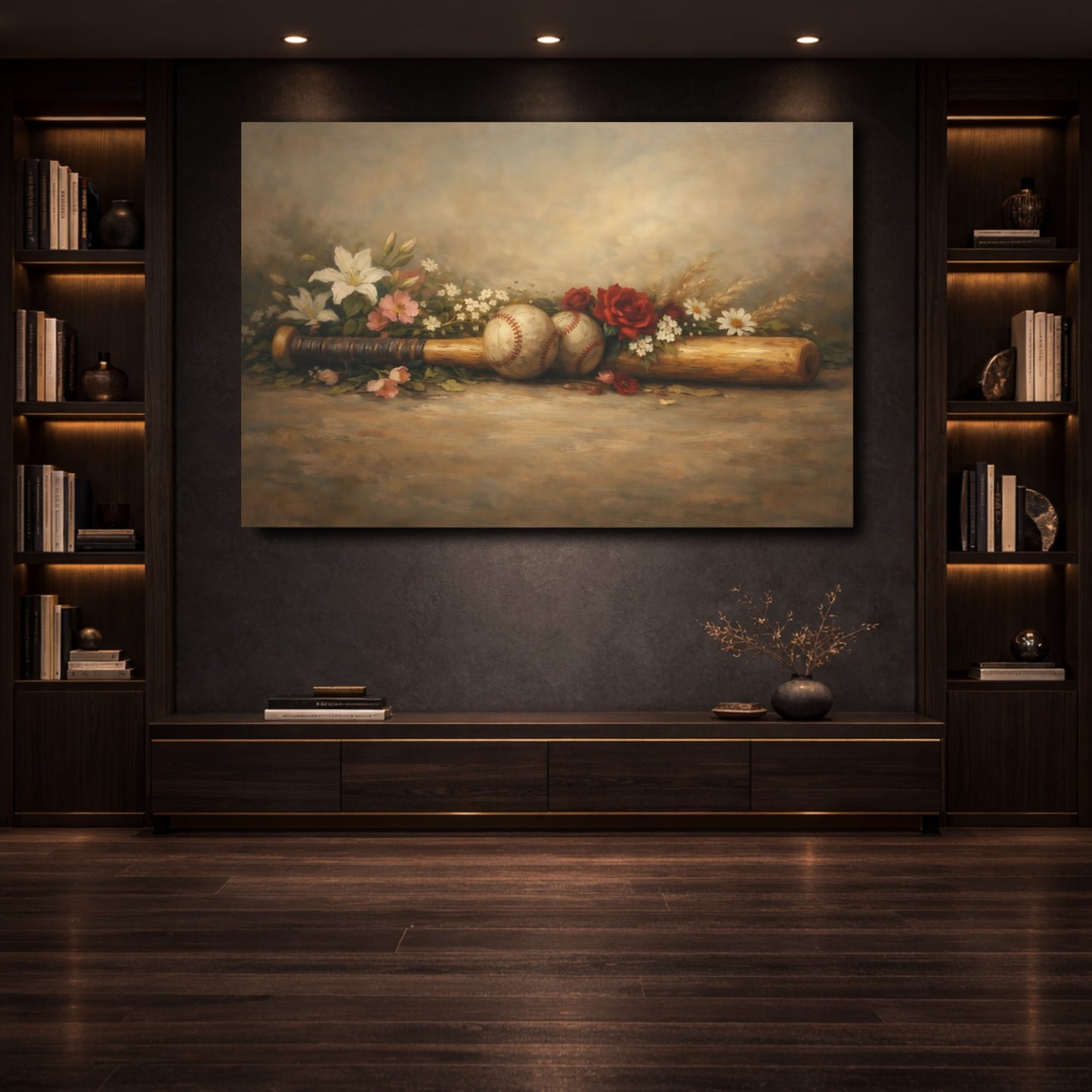 Mockup 3. Sports Baseball Still Life Vintage Baseball Art shown as stretched canvas wall art