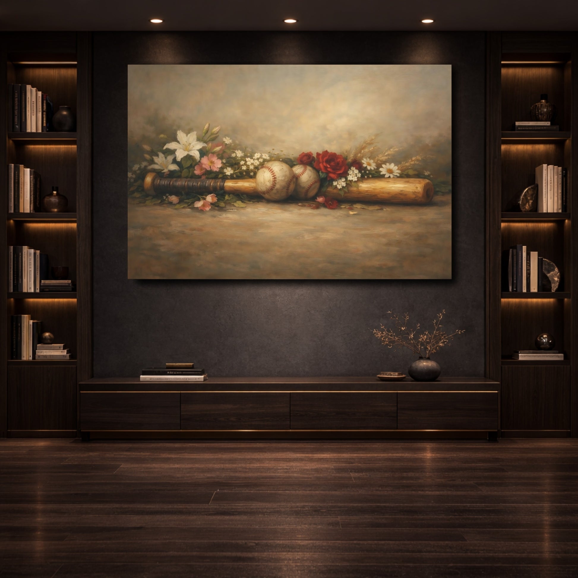 Mockup 3. Sports Baseball Still Life Vintage Baseball Art shown as stretched canvas wall art