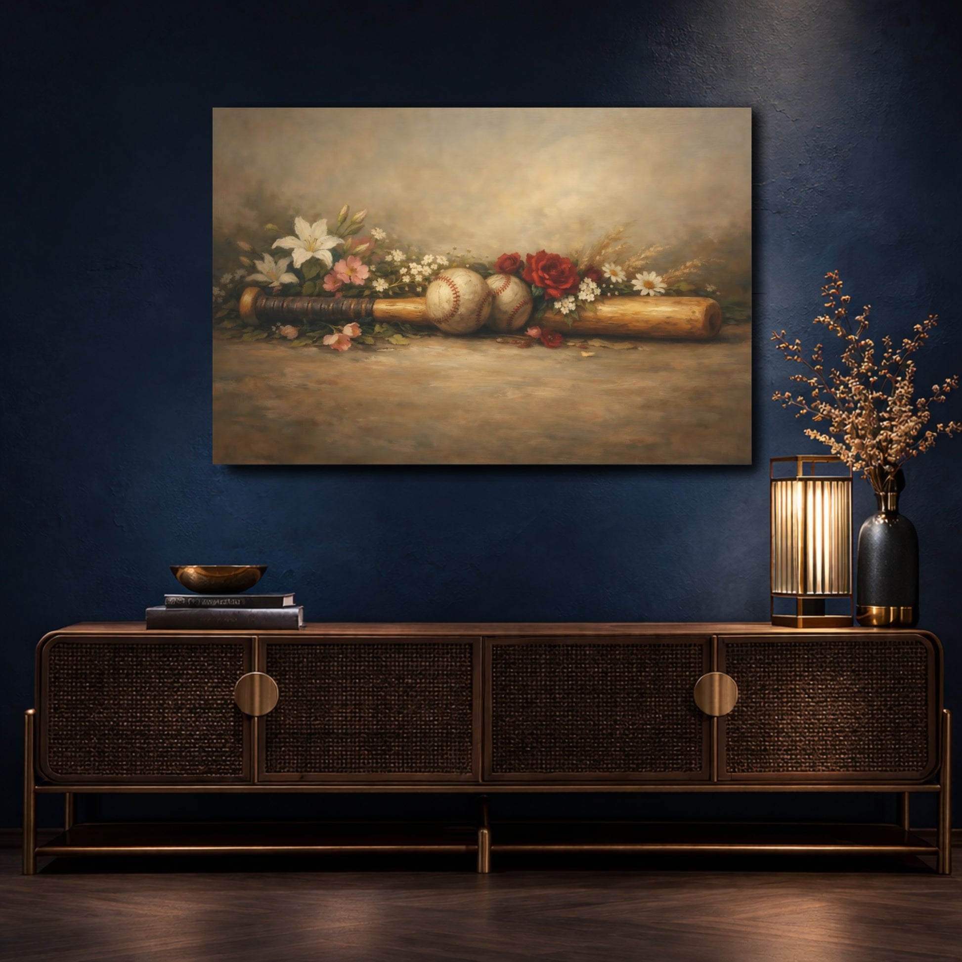 Mockup 4. Sports Baseball Still Life Vintage Baseball Art shown as stretched canvas wall art