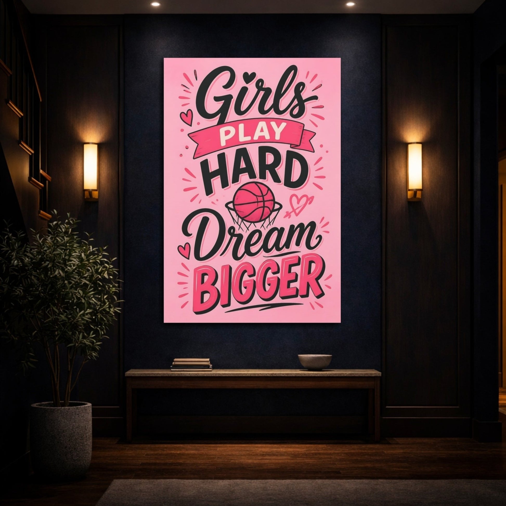 Sports Basketball Pink Quote Canvas Print – Graphic Decor for Girls Bedroom, Statement Wall - YesArtYes