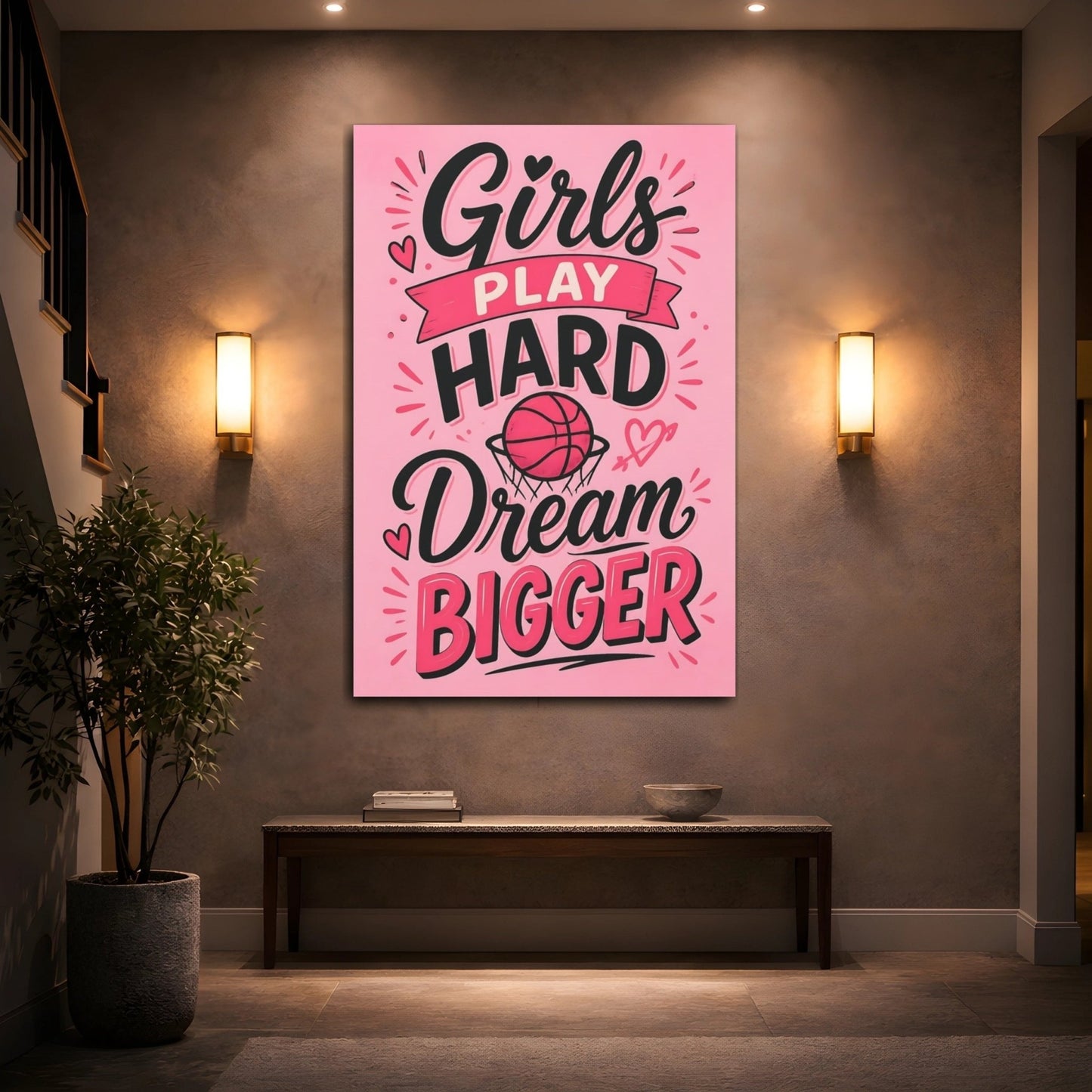 Sports Basketball Pink Quote Canvas Print – Graphic Decor for Girls Bedroom, Statement Wall - YesArtYes