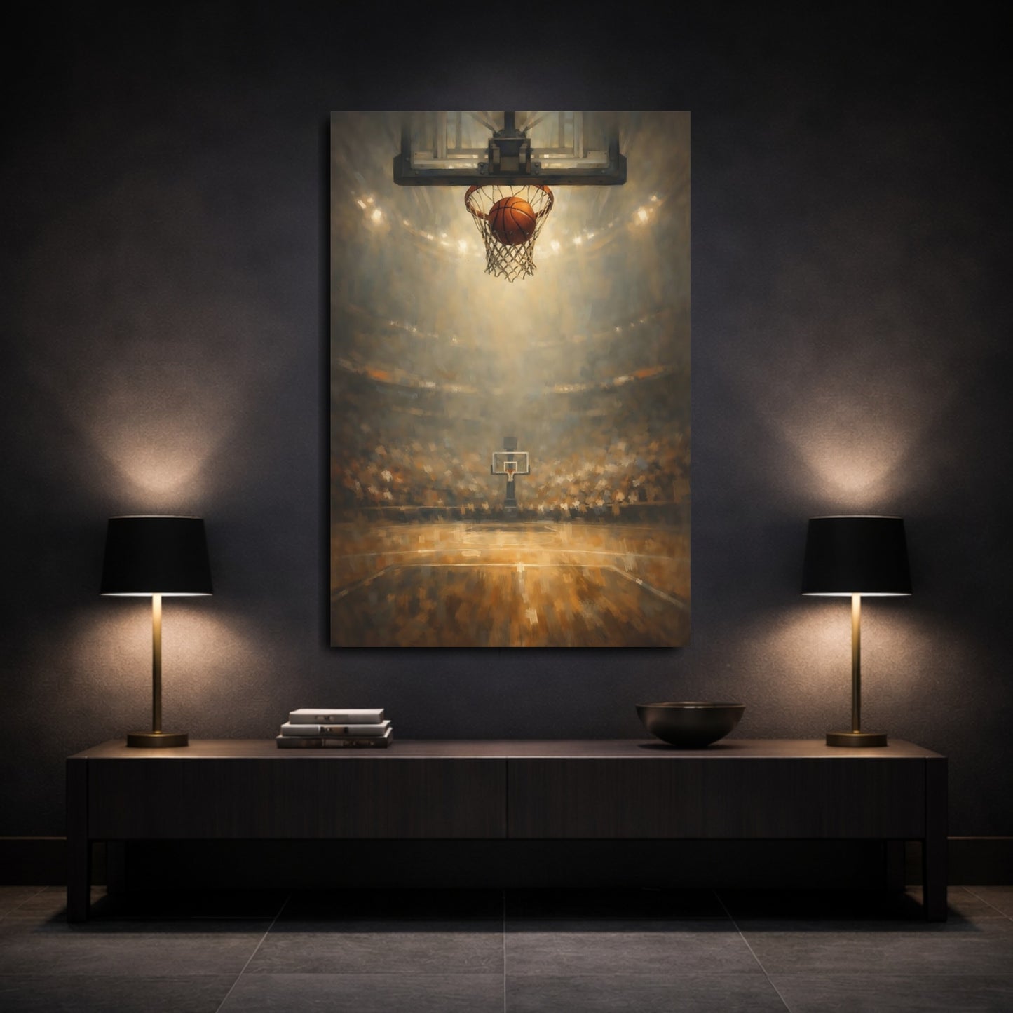 Mockup 2. Sports Basketball Shot Basketball Game Art shown as stretched canvas wall art