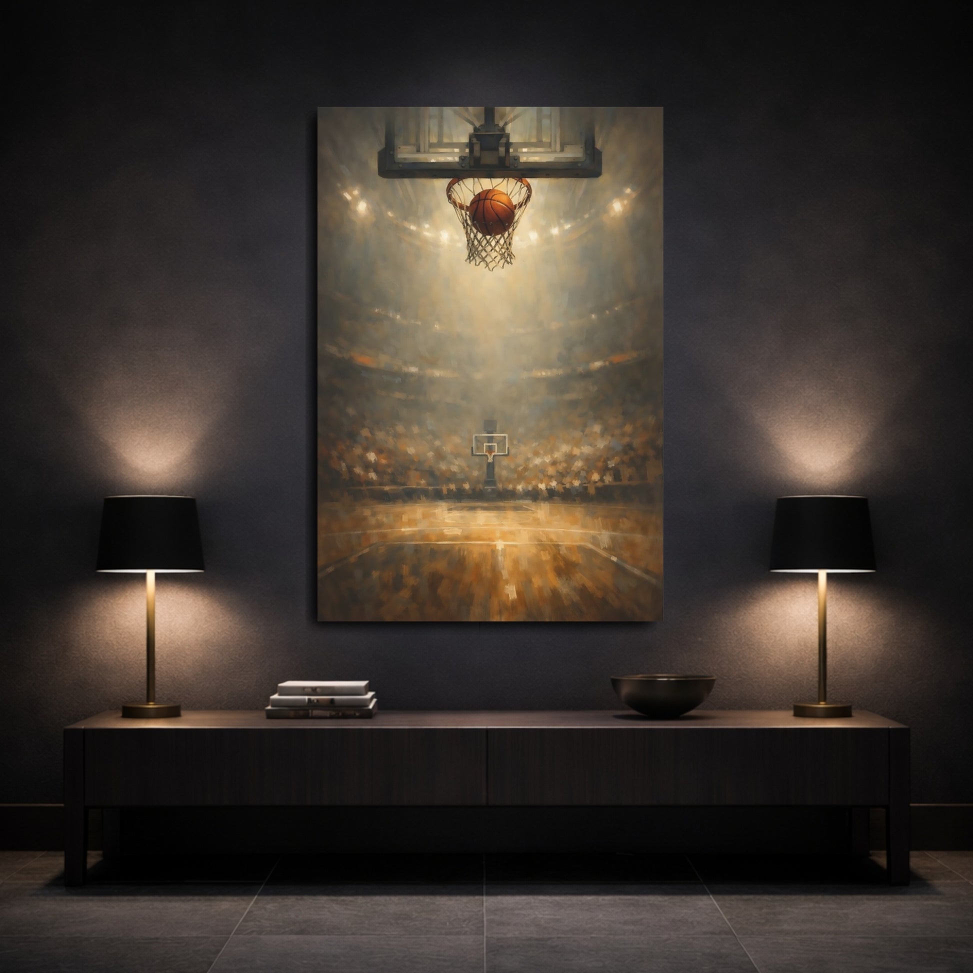 Mockup 2. Sports Basketball Shot Basketball Game Art shown as stretched canvas wall art