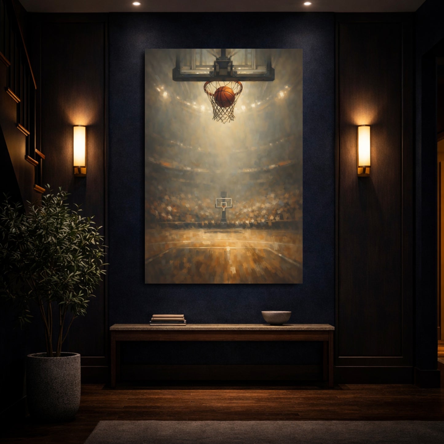 Mockup 3. Sports Basketball Shot Basketball Game Art shown as stretched canvas wall art