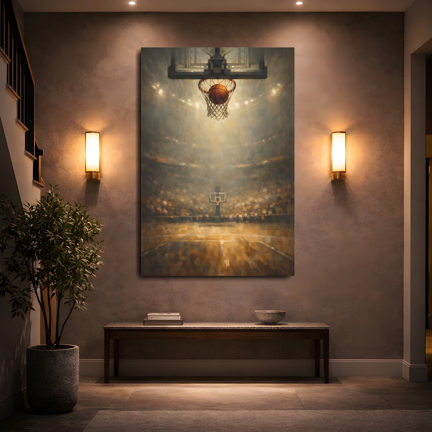 Mockup 4. Sports Basketball Shot Basketball Game Art shown as stretched canvas wall art