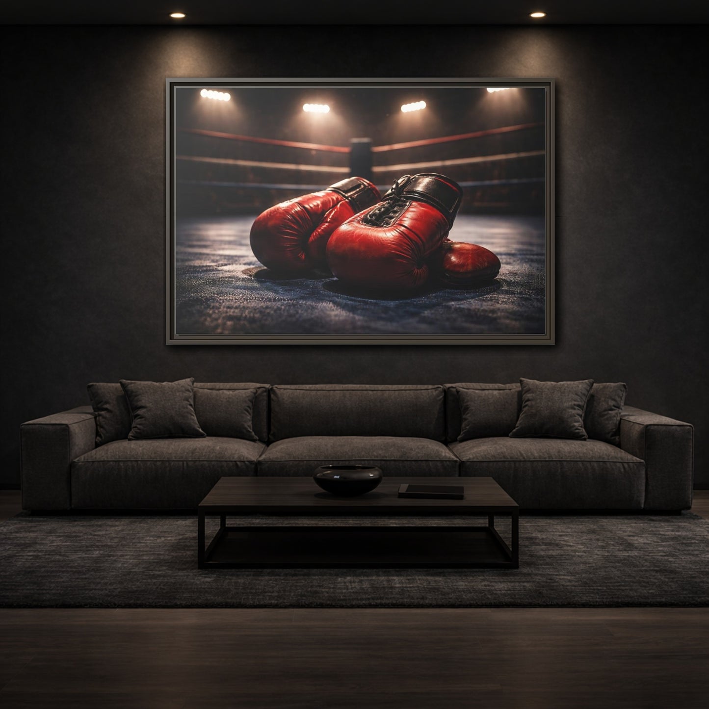 Mockup 2. Sports Boxing Gloves Red Boxing Gloves shown as stretched canvas wall art