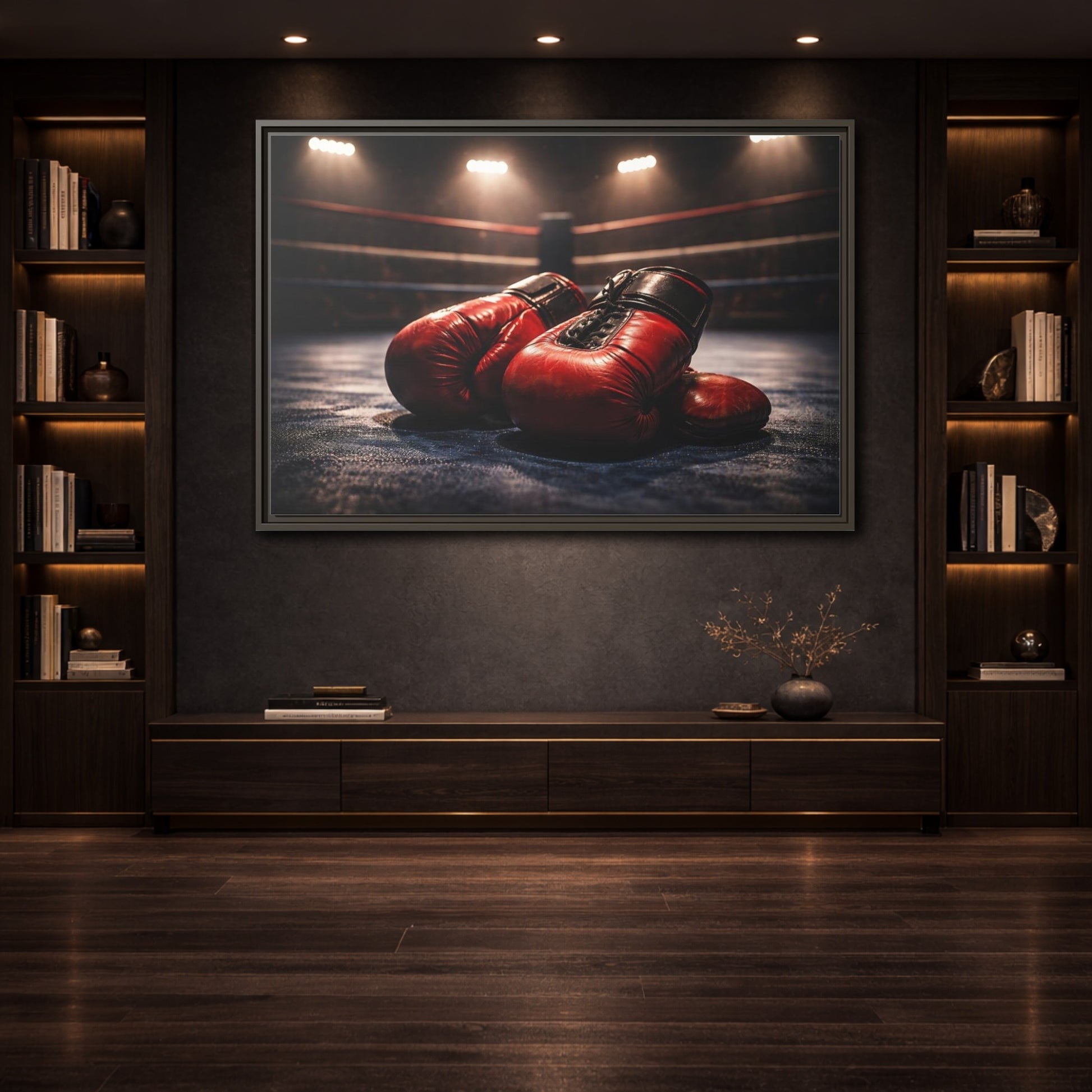 Mockup 3. Sports Boxing Gloves Red Boxing Gloves shown as stretched canvas wall art