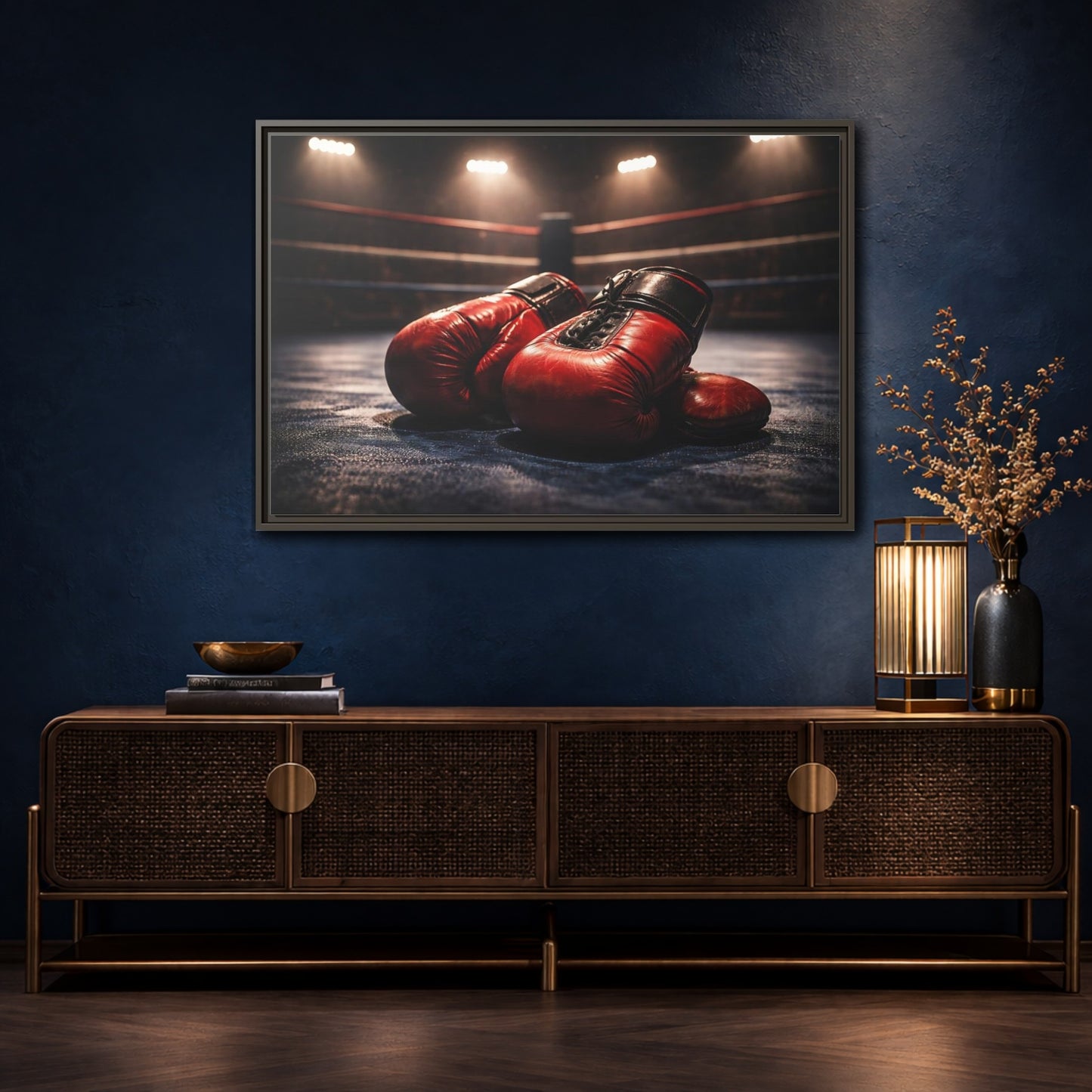 Mockup 4. Sports Boxing Gloves Red Boxing Gloves shown as stretched canvas wall art