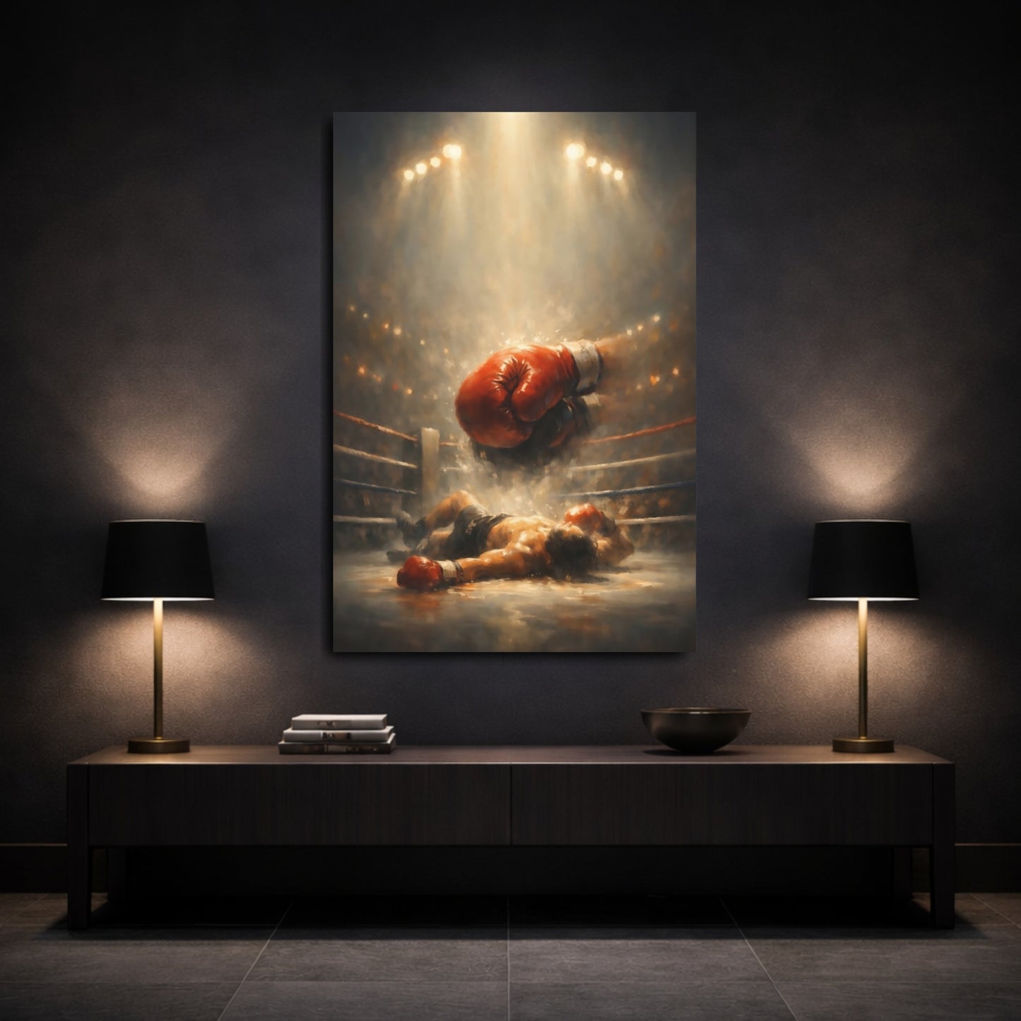 Mockup 2. Sports Boxing Match Boxing Knockout shown as stretched canvas wall art