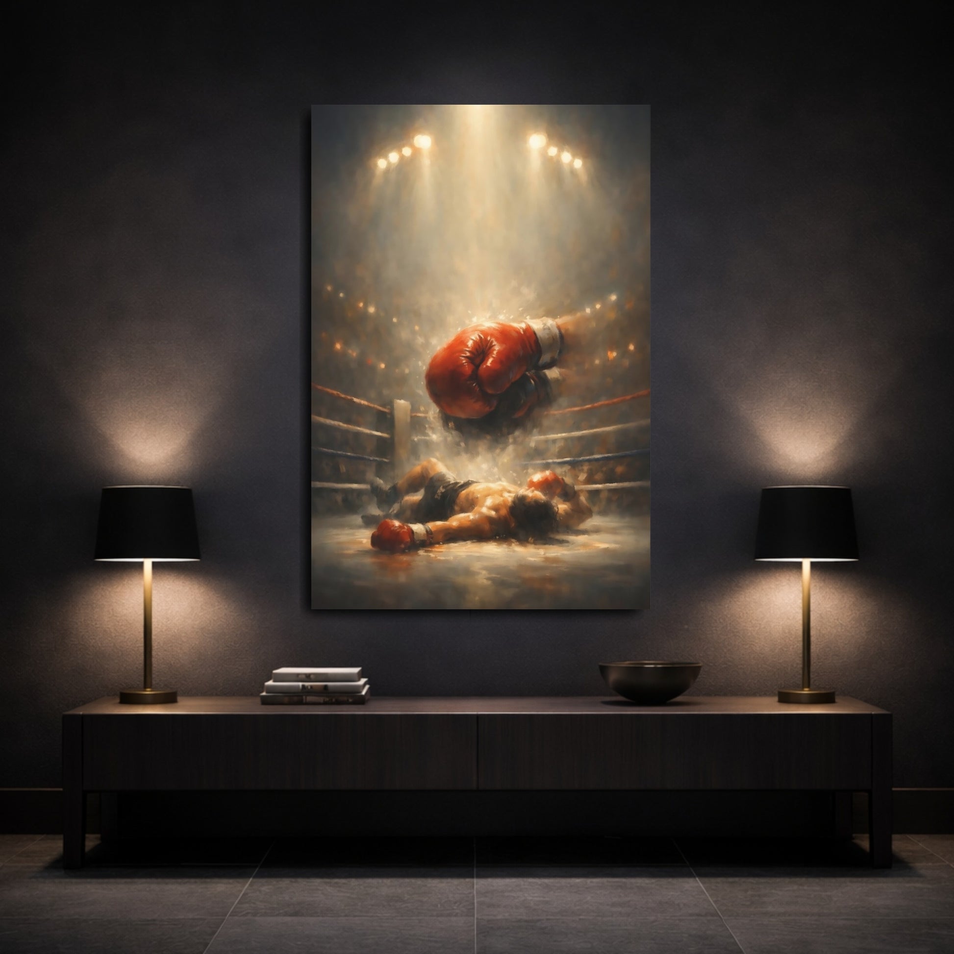 Mockup 2. Sports Boxing Match Boxing Knockout shown as stretched canvas wall art
