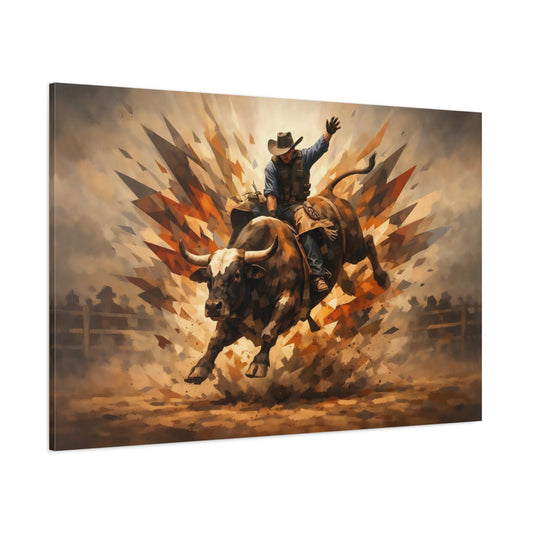 Sports Bull Riding Brown And Orange shown as stretched canvas wall art