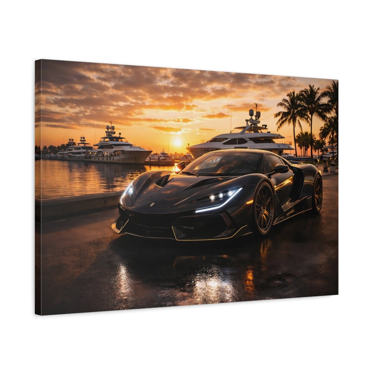 Sports Car Black Golden Sunset - Canvas Wall Art Print - YesArtYes
