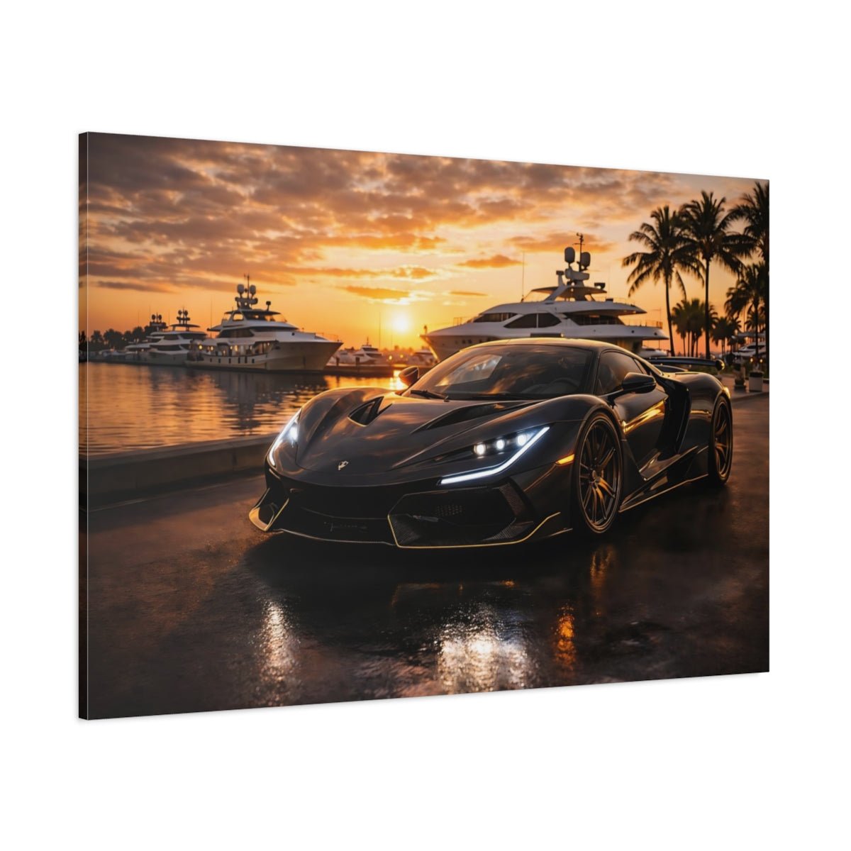 Sports Car Black Golden Sunset - Canvas Wall Art Print - YesArtYes