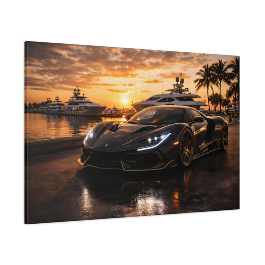 Sports Car Black Golden Sunset - Canvas Wall Art Print - YesArtYes