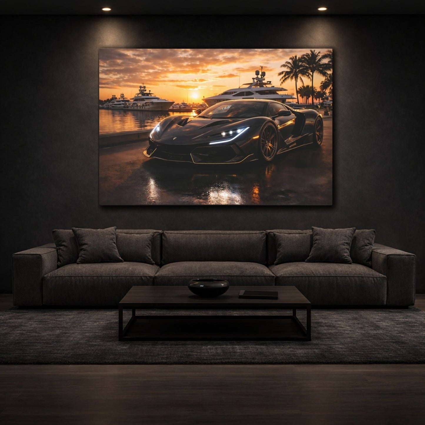 Sports Car Black Golden Sunset - Canvas Wall Art Print - YesArtYes