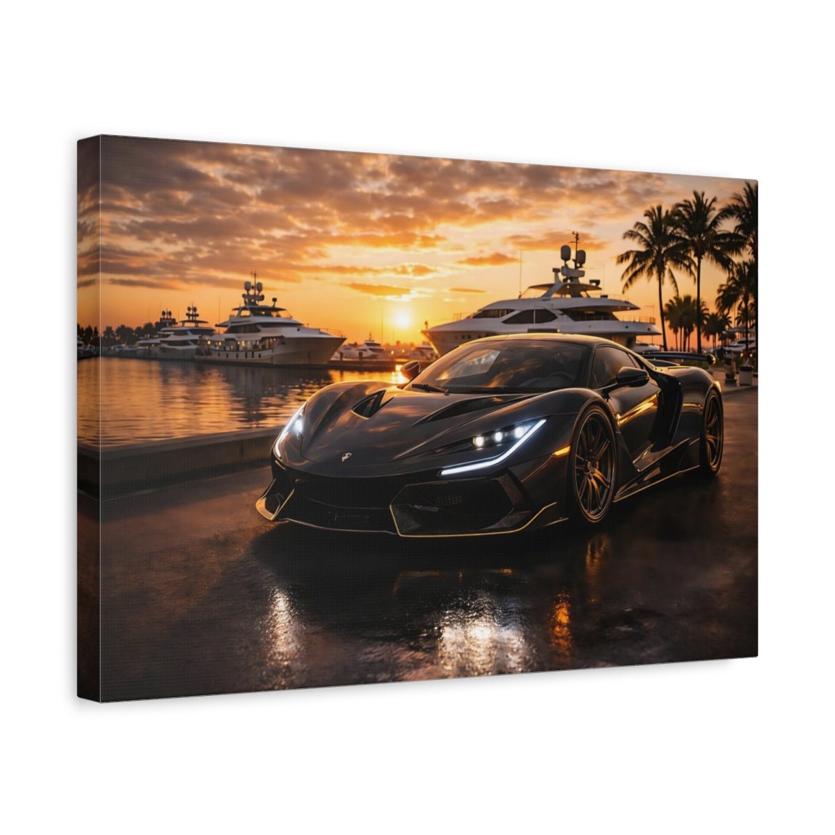 Sports Car Black Golden Sunset - Canvas Wall Art Print - YesArtYes