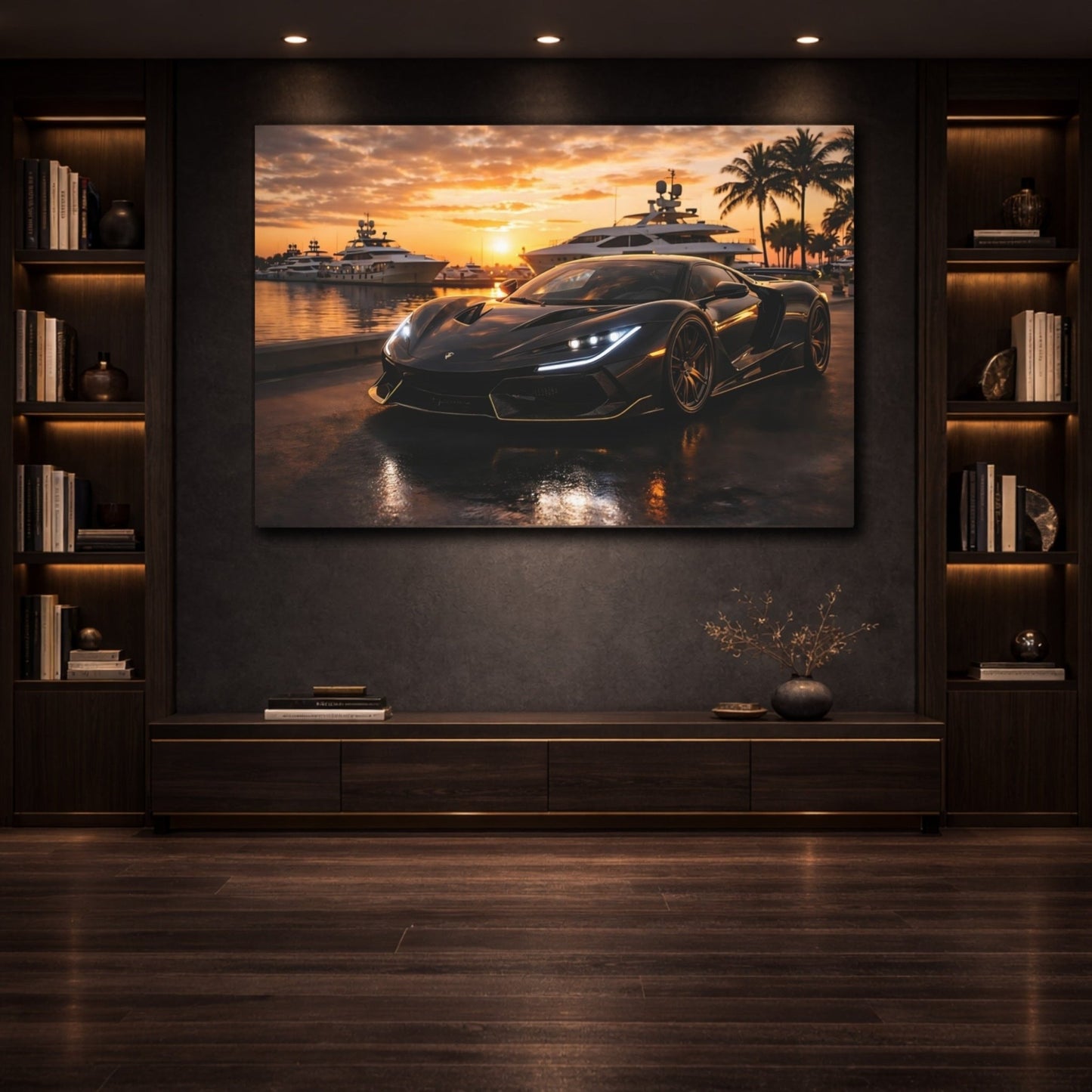 Sports Car Black Golden Sunset - Canvas Wall Art Print - YesArtYes