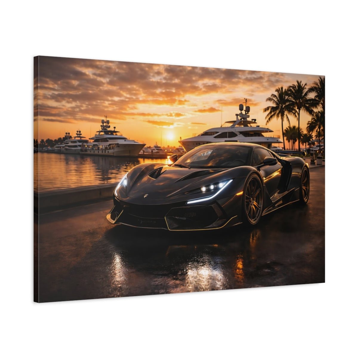 Sports Car Black Golden Sunset - Canvas Wall Art Print - YesArtYes
