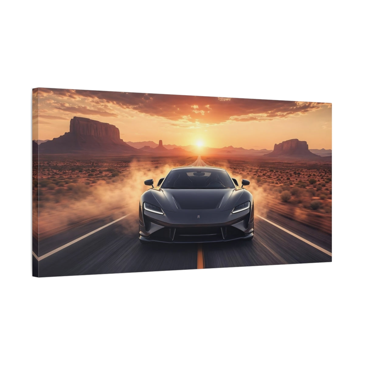 Side Mockup 1. Sports Sports Car Desert Sunset Car shown as stretched canvas wall art