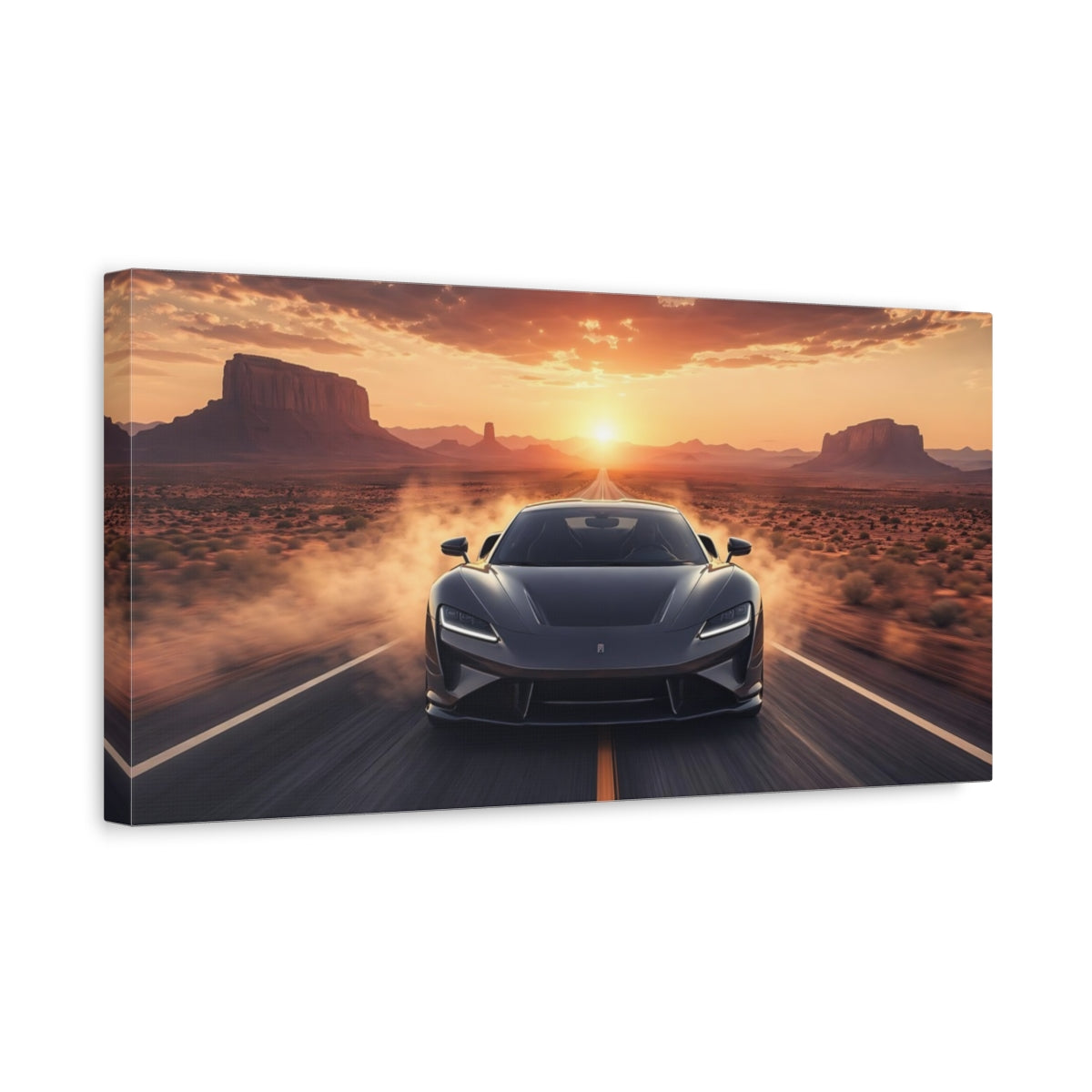 Side Mockup 3. Sports Sports Car Desert Sunset Car shown as stretched canvas wall art