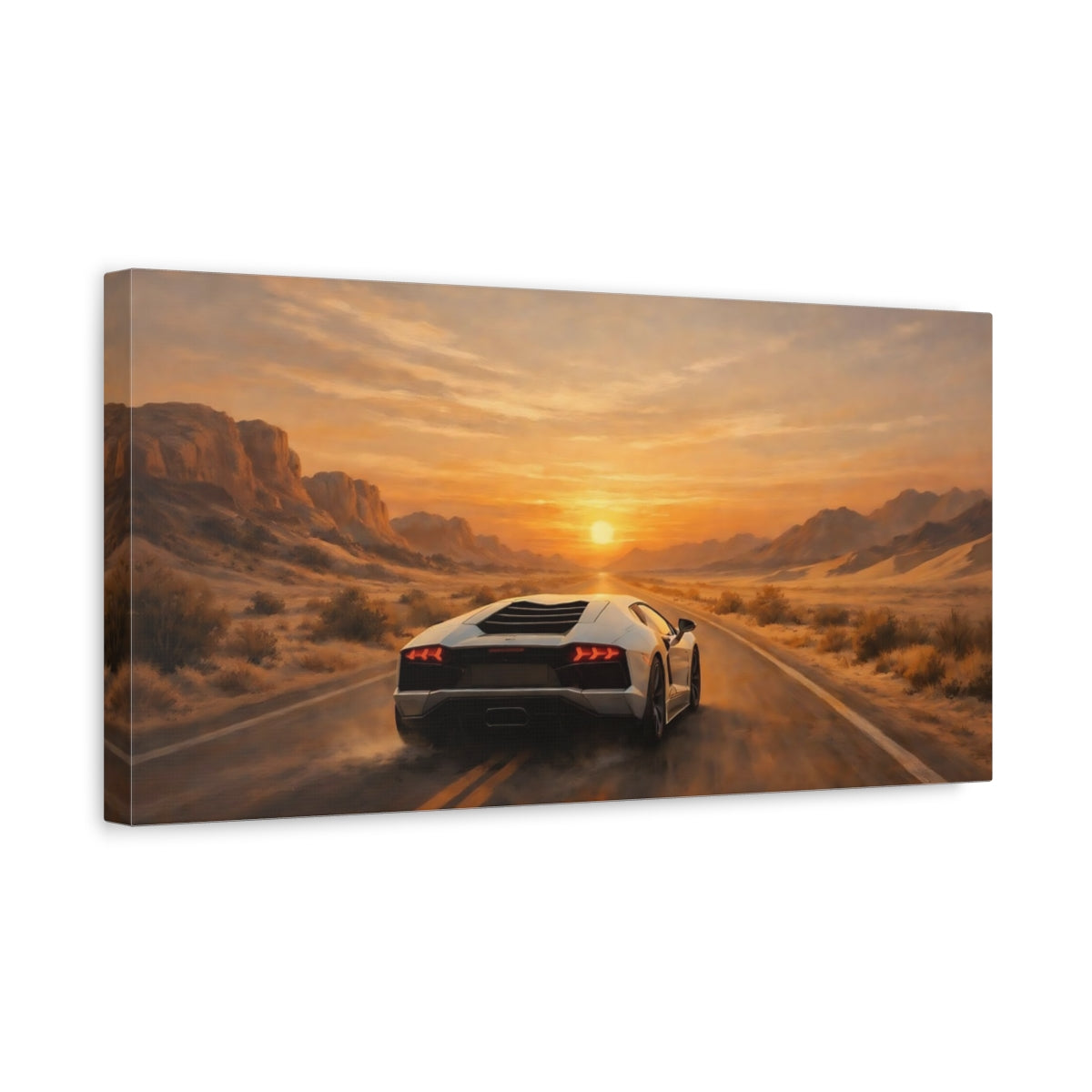 Side Mockup 3. Sports Sports Car Orange Desert Car shown as stretched canvas wall art