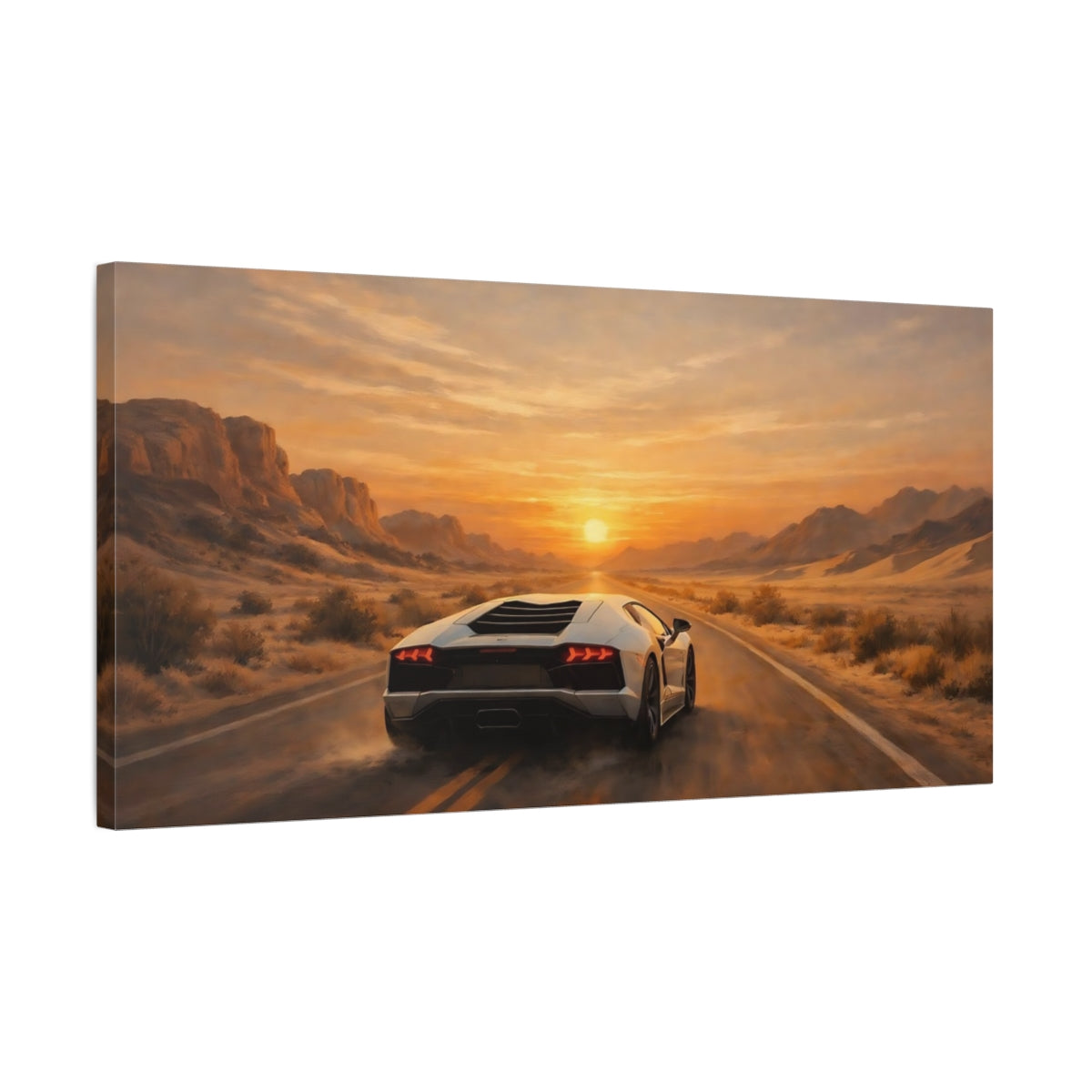Side Mockup 2. Sports Sports Car Orange Desert Car shown as stretched canvas wall art