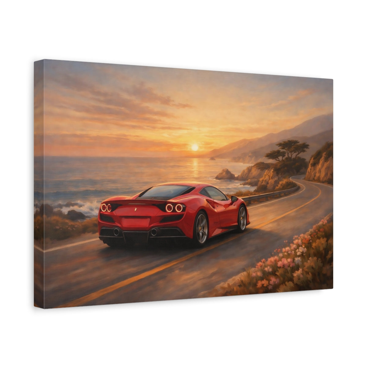 Side Mockup 4. Sports Sports Car Red Sports Car Sunset shown as stretched canvas wall art