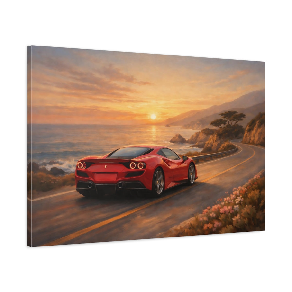 Side Mockup 1. Sports Sports Car Red Sports Car Sunset shown as stretched canvas wall art