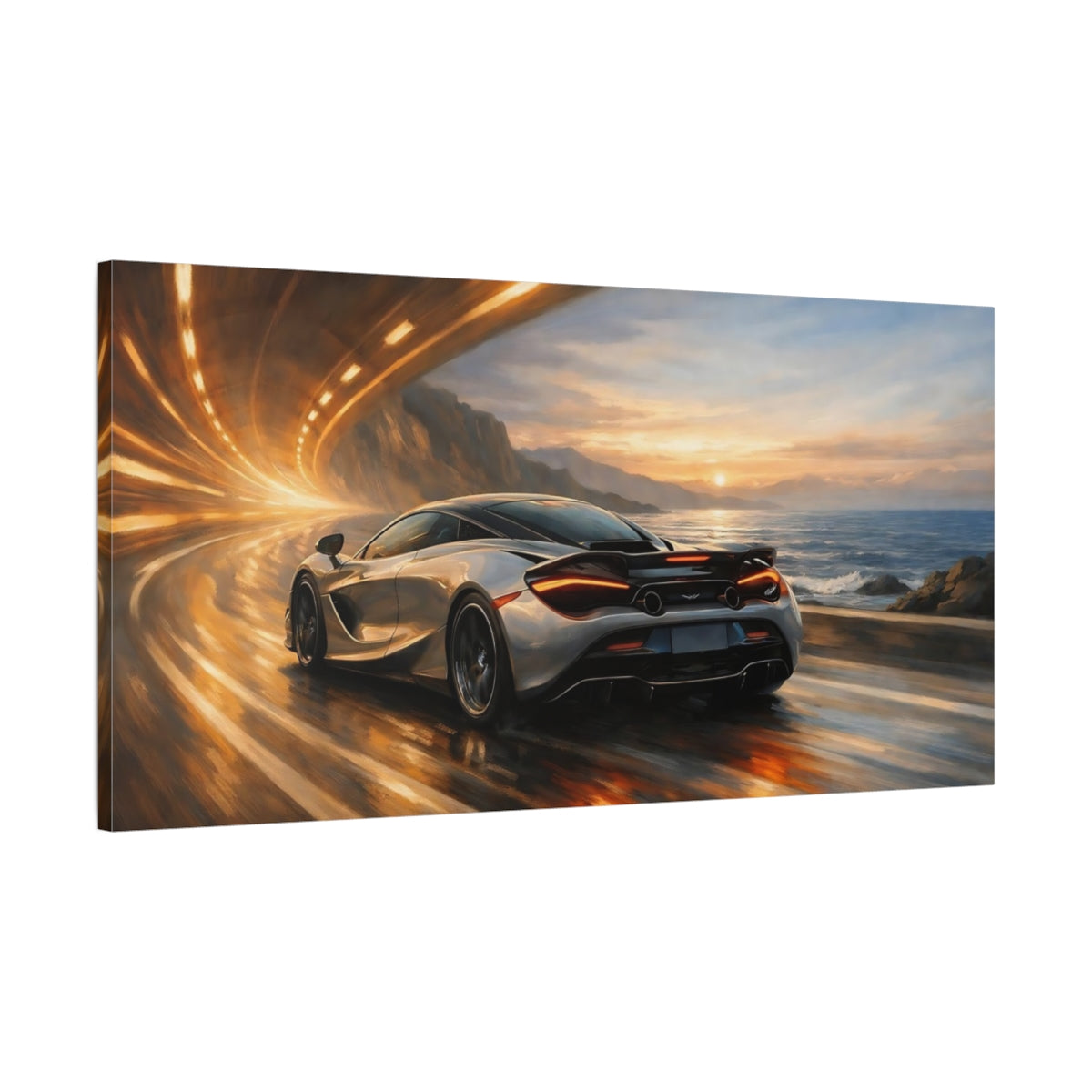 Side Mockup 1. Sports Sports Car Sports Car Sunset shown as stretched canvas wall art