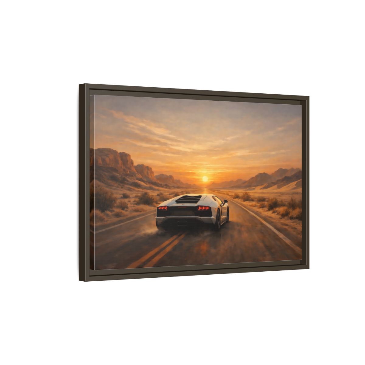 Side Mockup 2. Sports Sports Car Sunset Desert shown as stretched canvas wall art