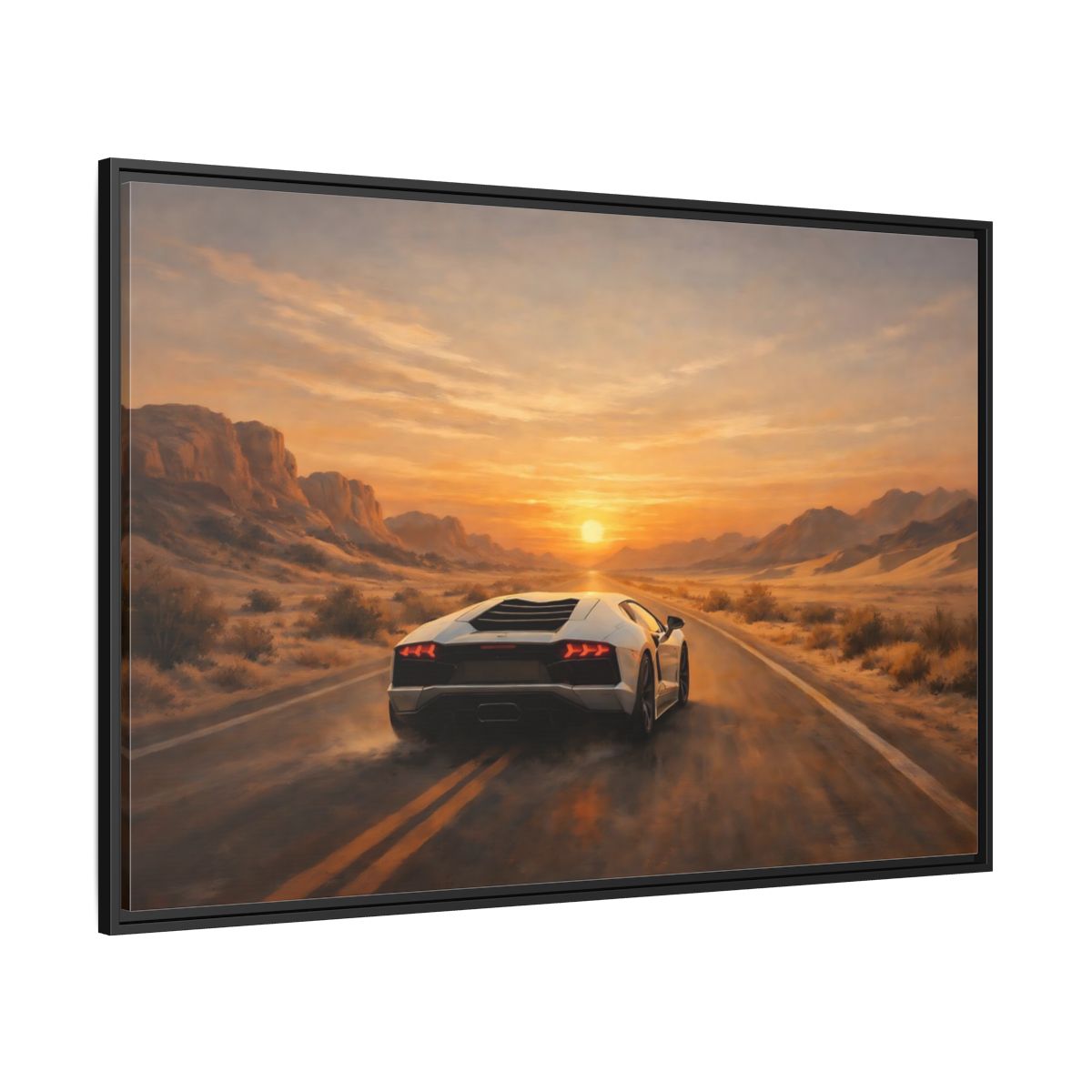 Side Mockup 12. Sports Sports Car Sunset Desert shown as stretched canvas wall art