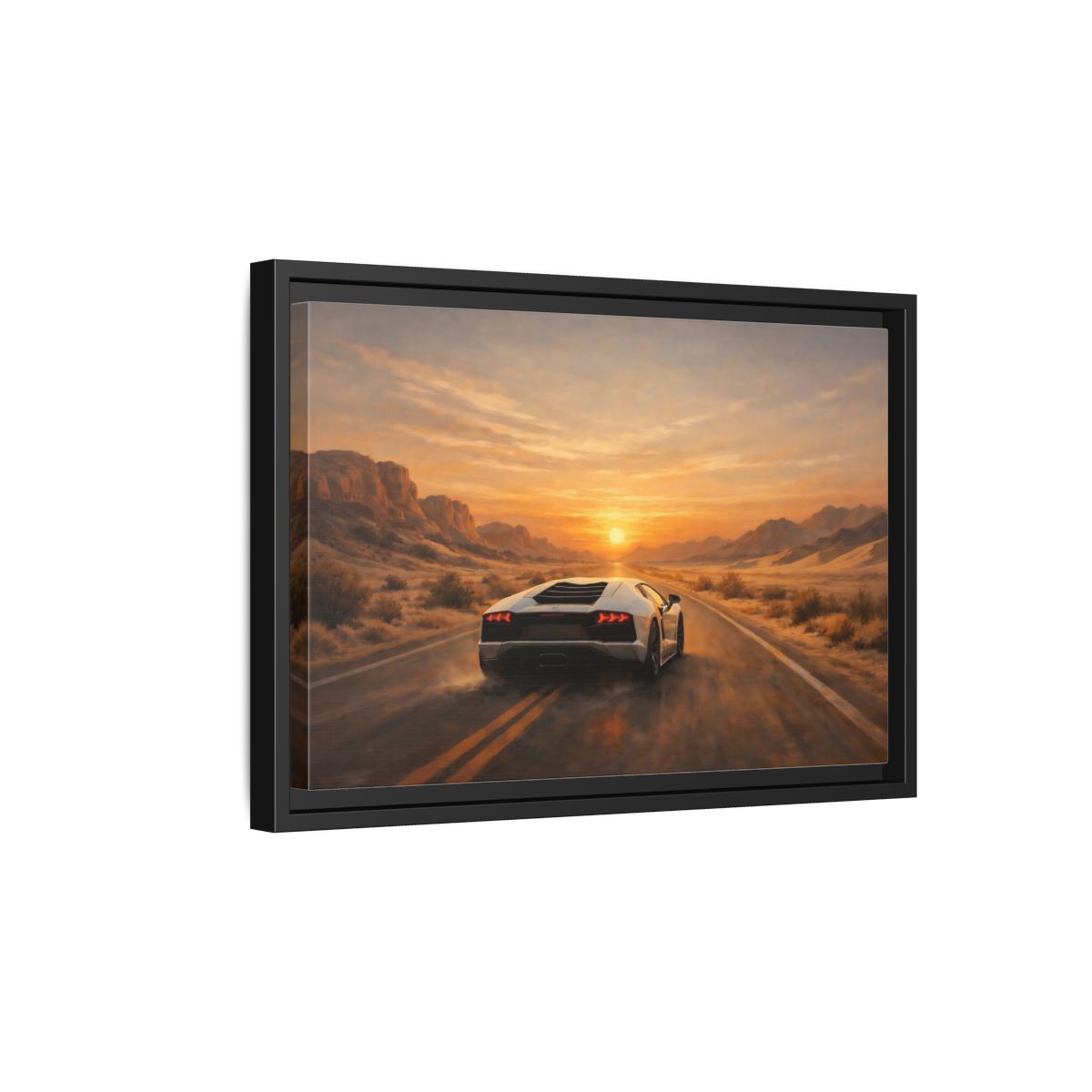 Side Mockup 6. Sports Sports Car Sunset Desert shown as stretched canvas wall art