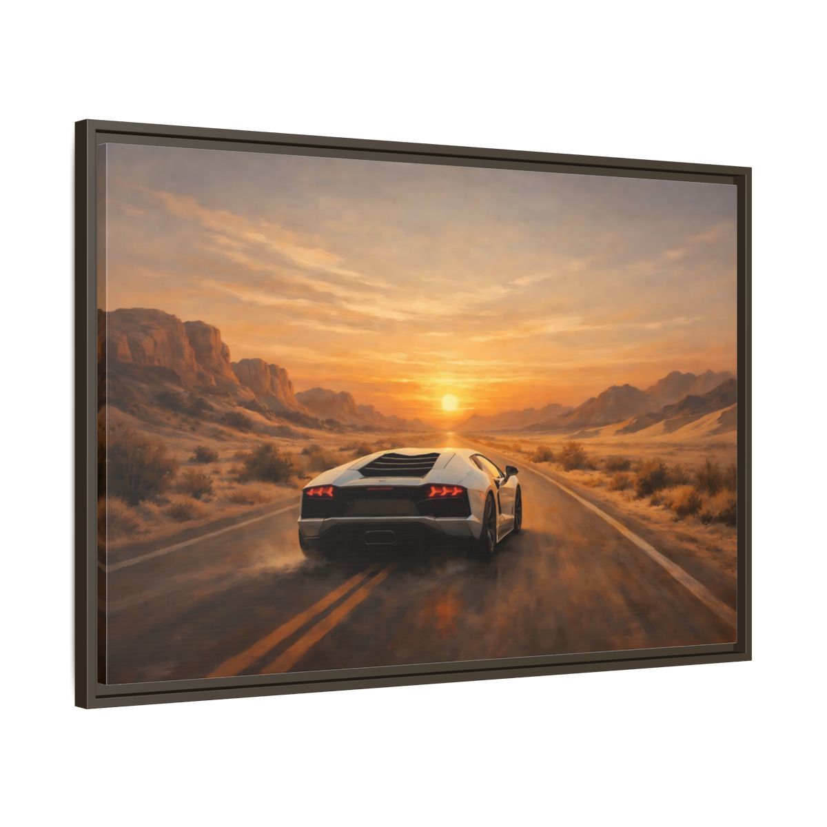 Side Mockup 9. Sports Sports Car Sunset Desert shown as stretched canvas wall art