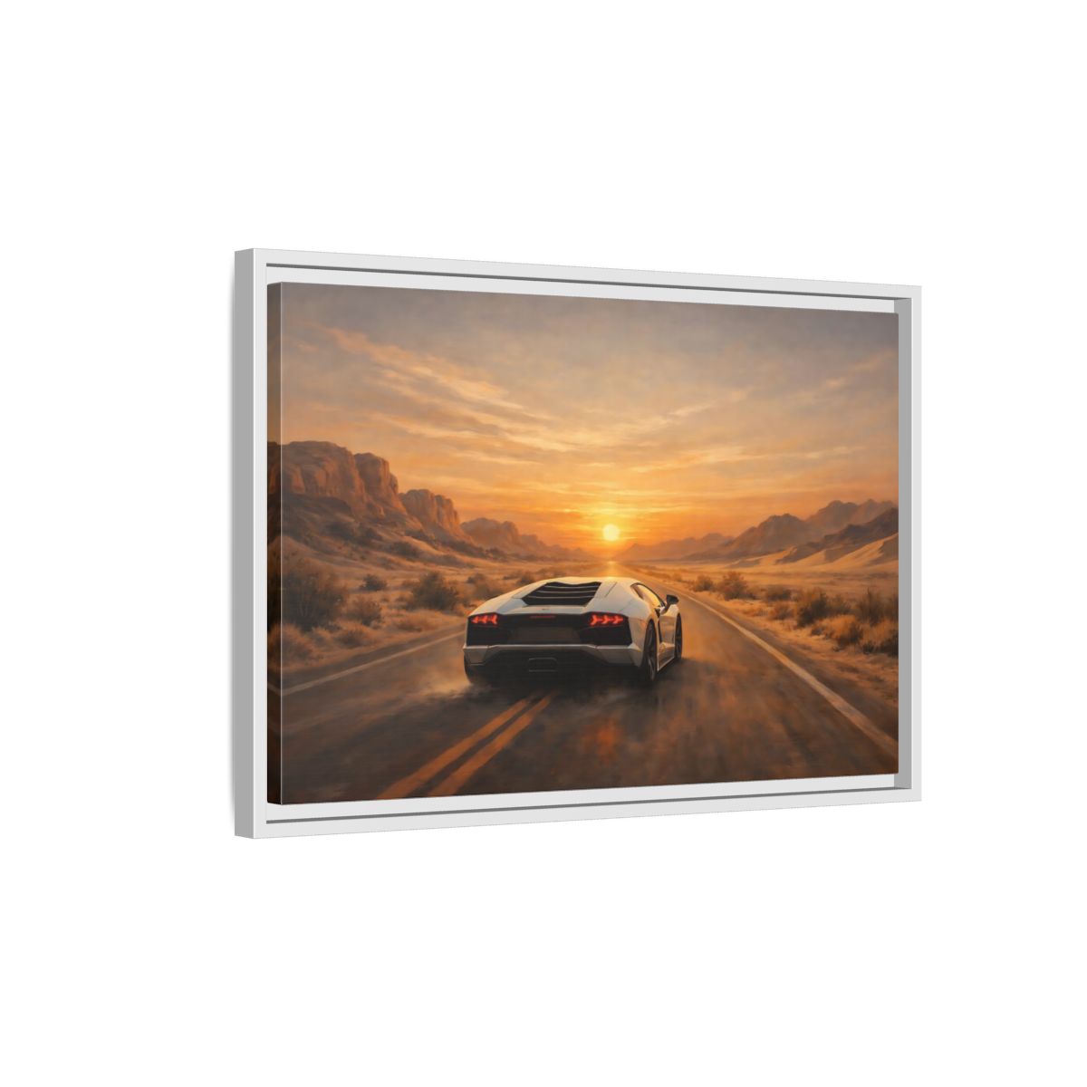 Side Mockup 1. Sports Sports Car Sunset Desert shown as stretched canvas wall art