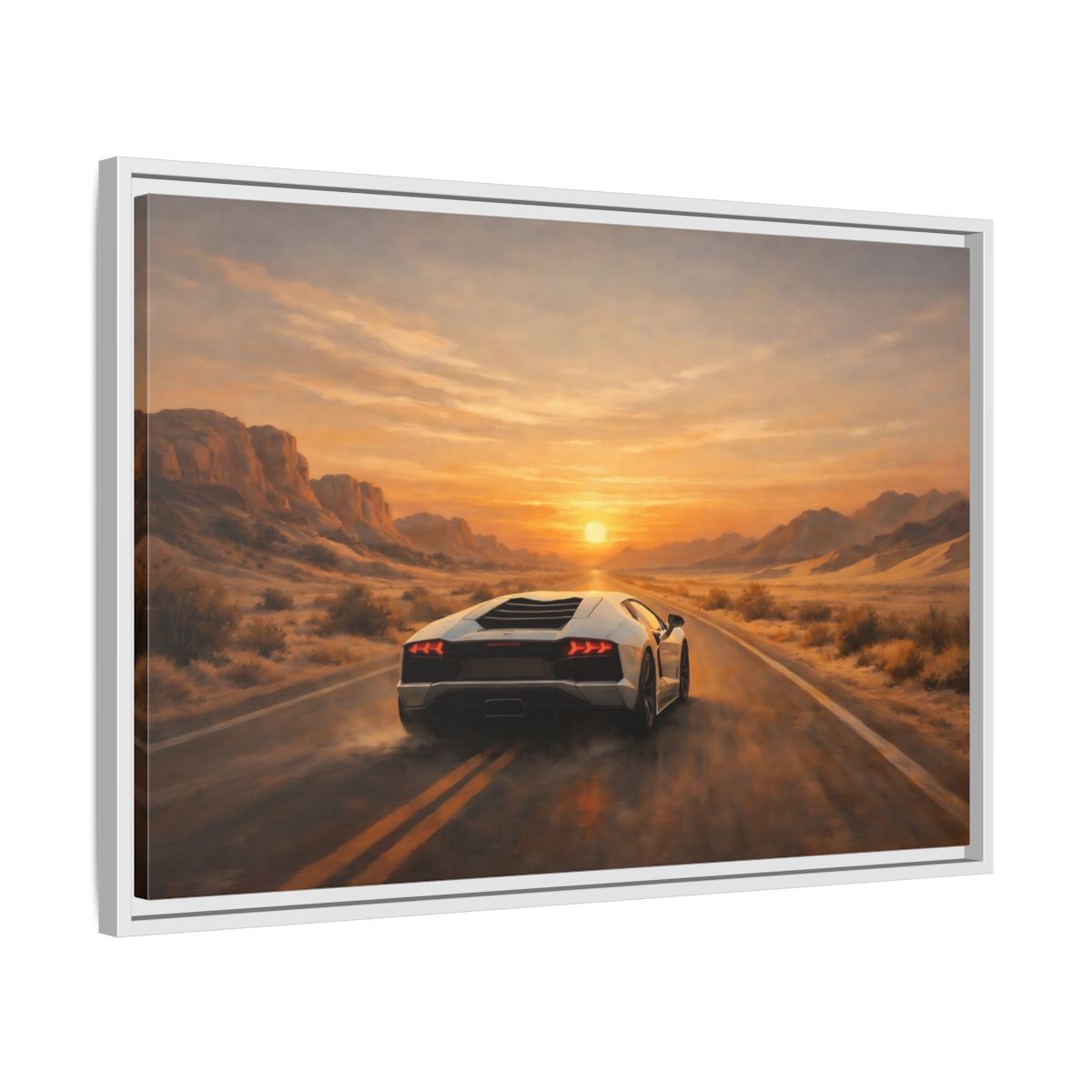 Side Mockup 10. Sports Sports Car Sunset Desert shown as stretched canvas wall art