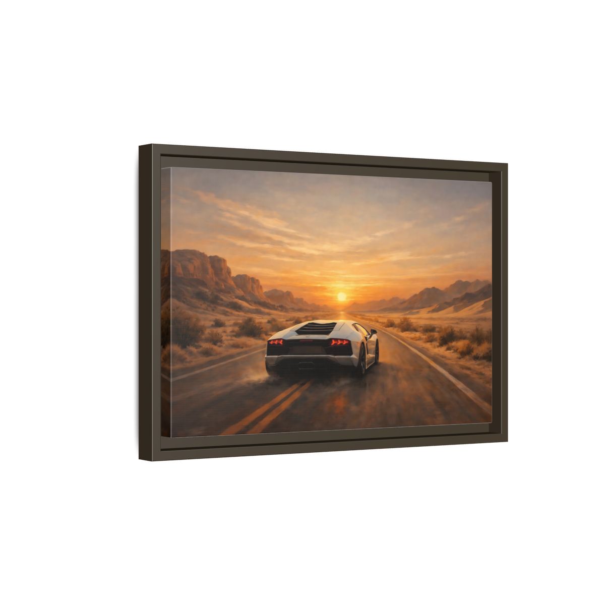 Side Mockup 5. Sports Sports Car Sunset Desert shown as stretched canvas wall art