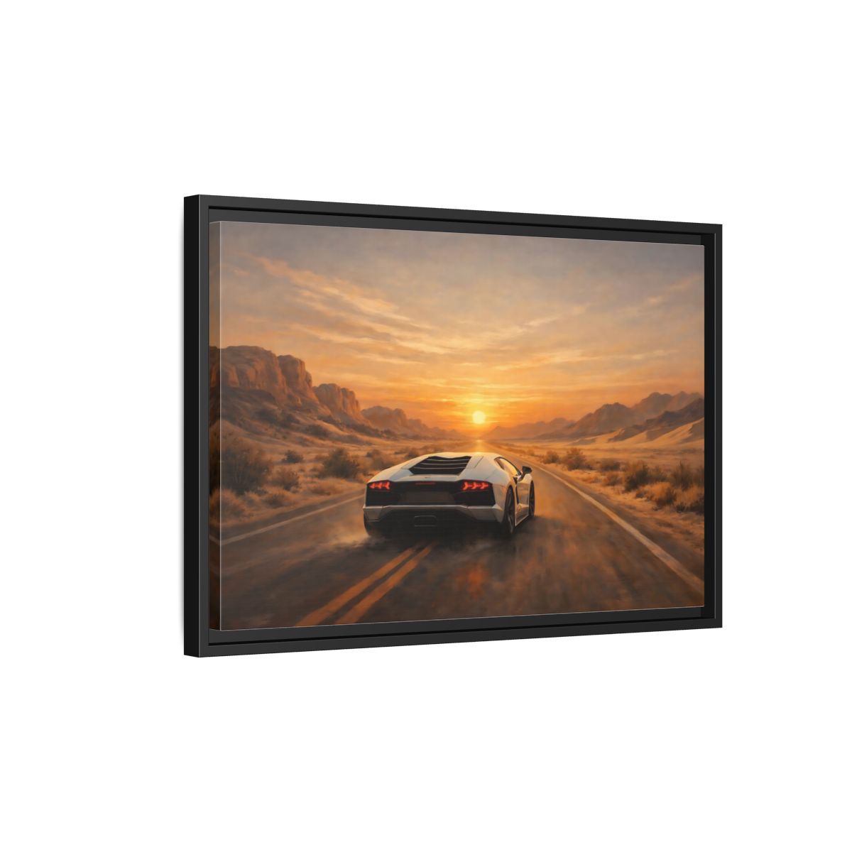Side Mockup 3. Sports Sports Car Sunset Desert shown as stretched canvas wall art