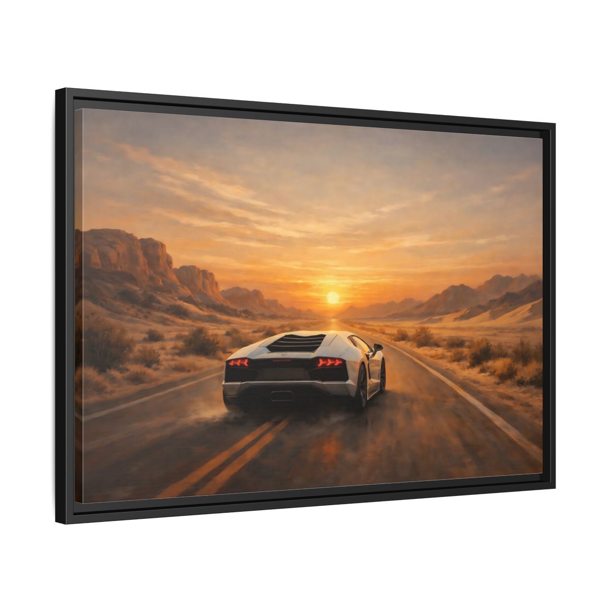 Side Mockup 14. Sports Sports Car Sunset Desert shown as stretched canvas wall art