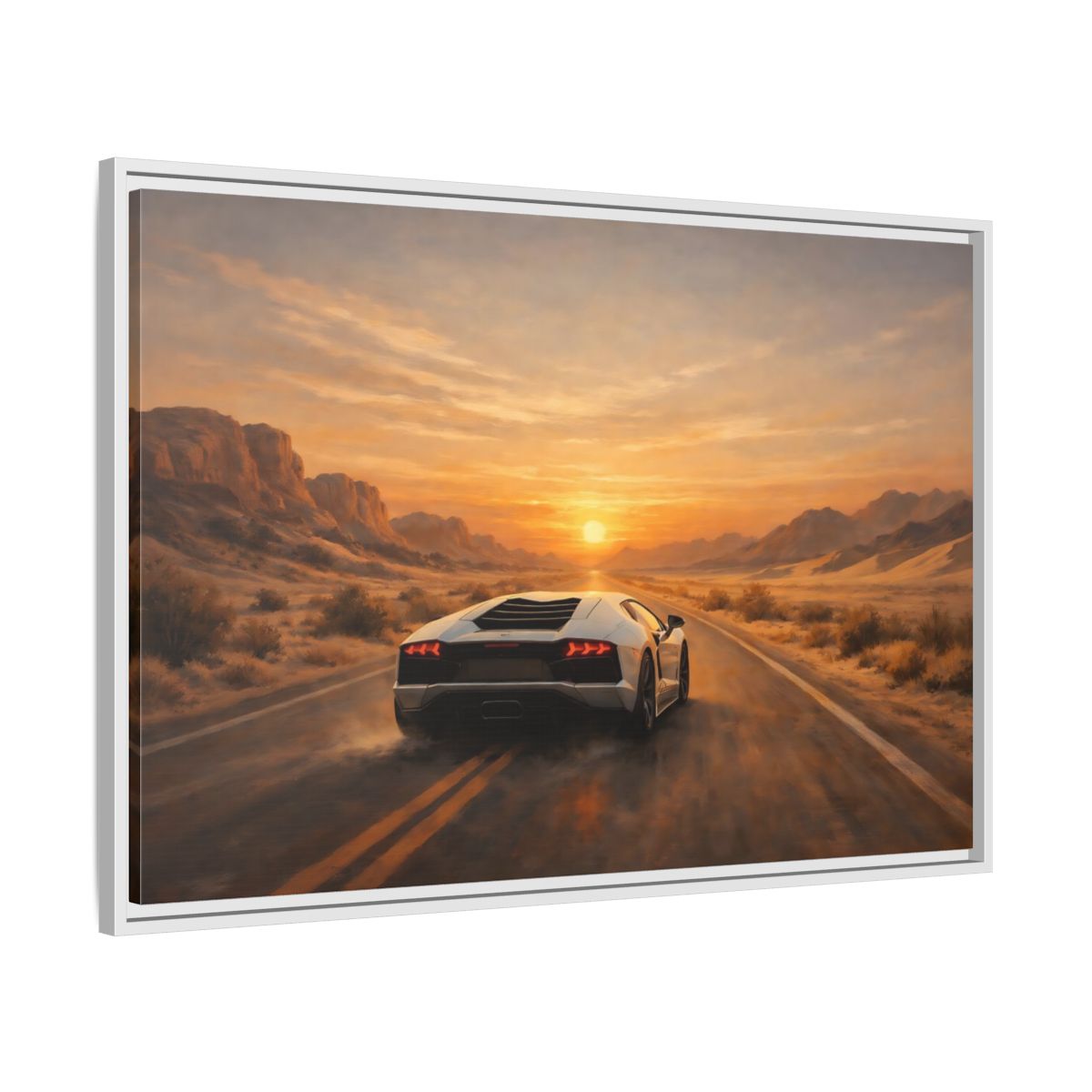 Side Mockup 8. Sports Sports Car Sunset Desert shown as stretched canvas wall art