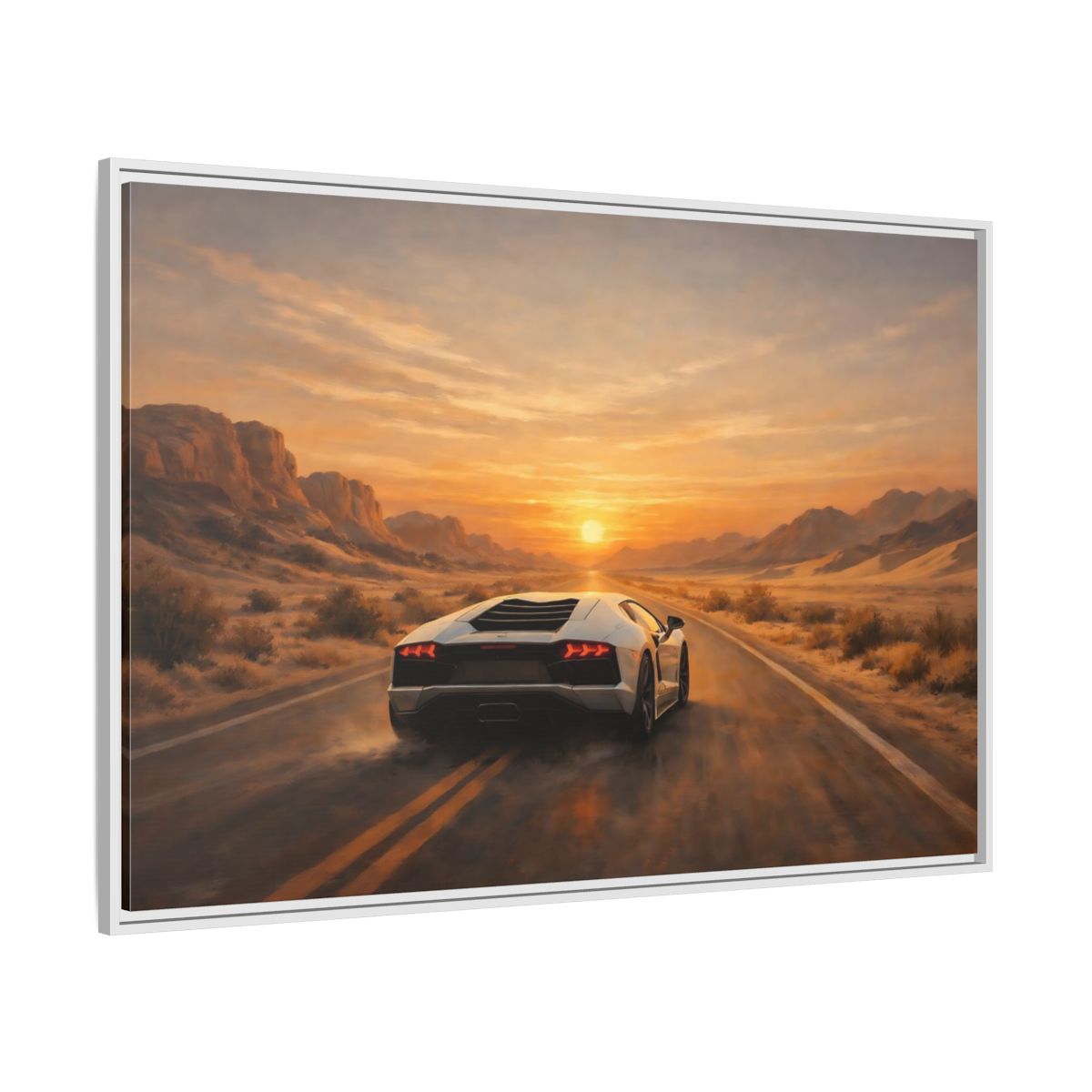 Side Mockup 7. Sports Sports Car Sunset Desert shown as stretched canvas wall art