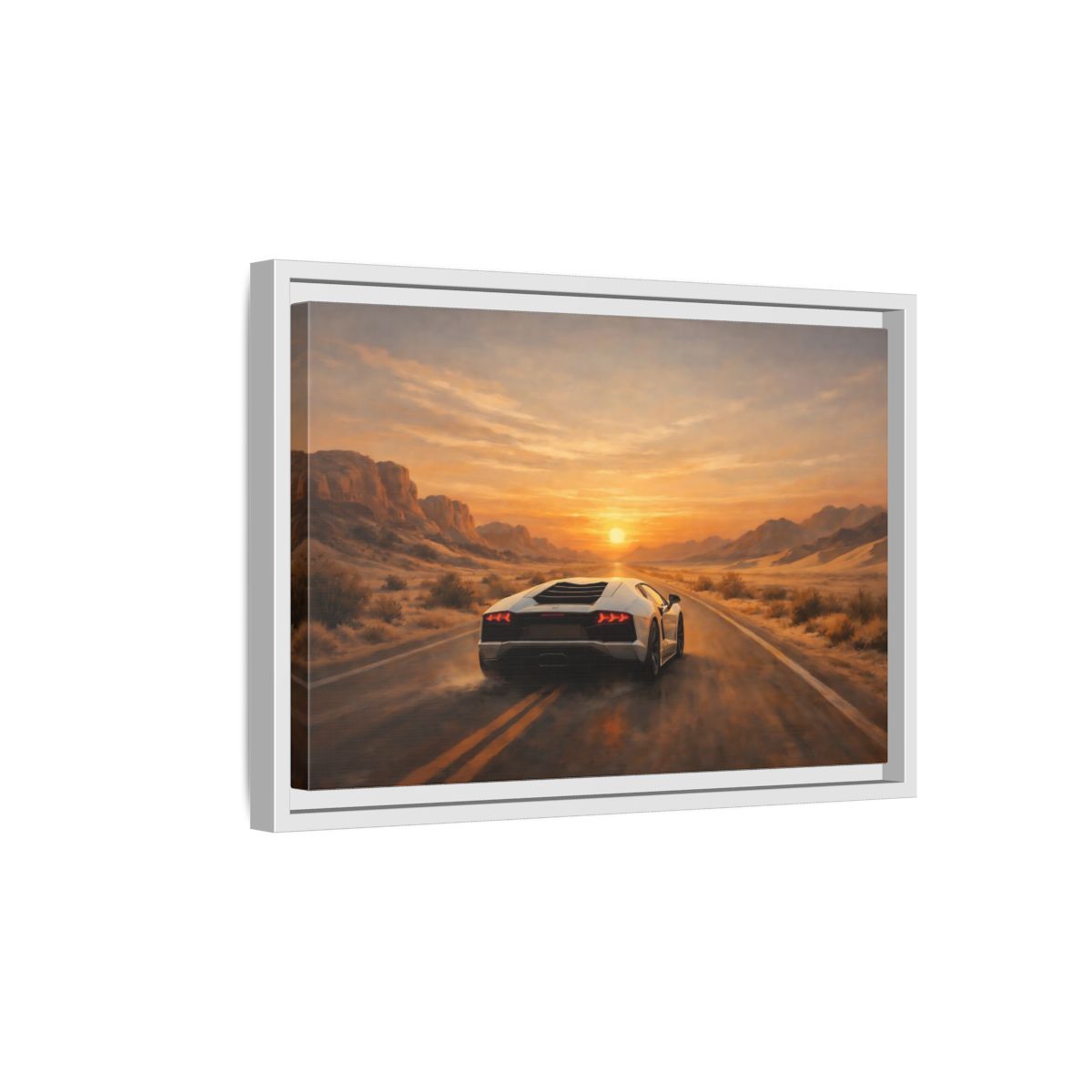 Side Mockup 4. Sports Sports Car Sunset Desert shown as stretched canvas wall art
