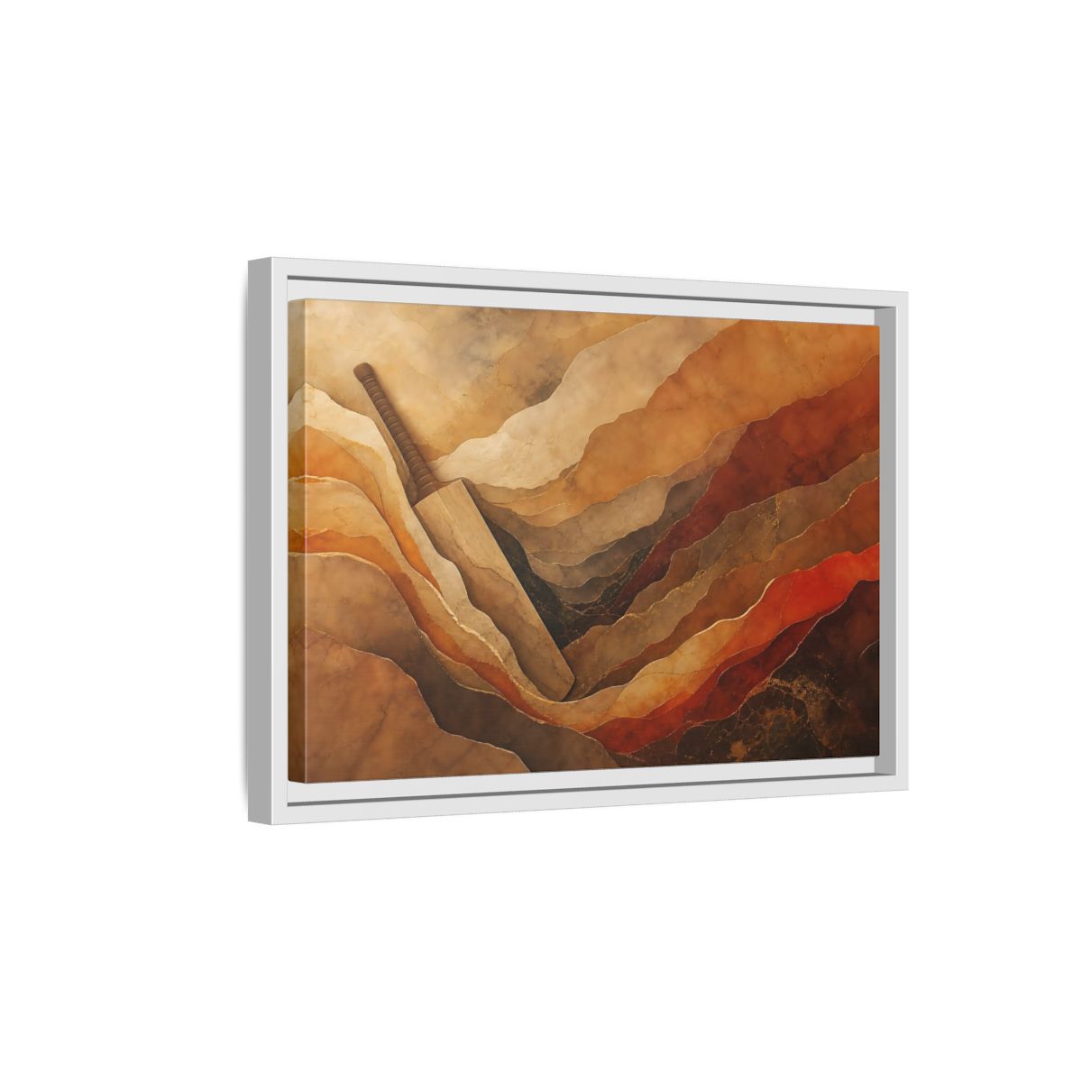 Side Mockup 4. Sports Cricket Bat Brown And Orange shown as framed canvas print