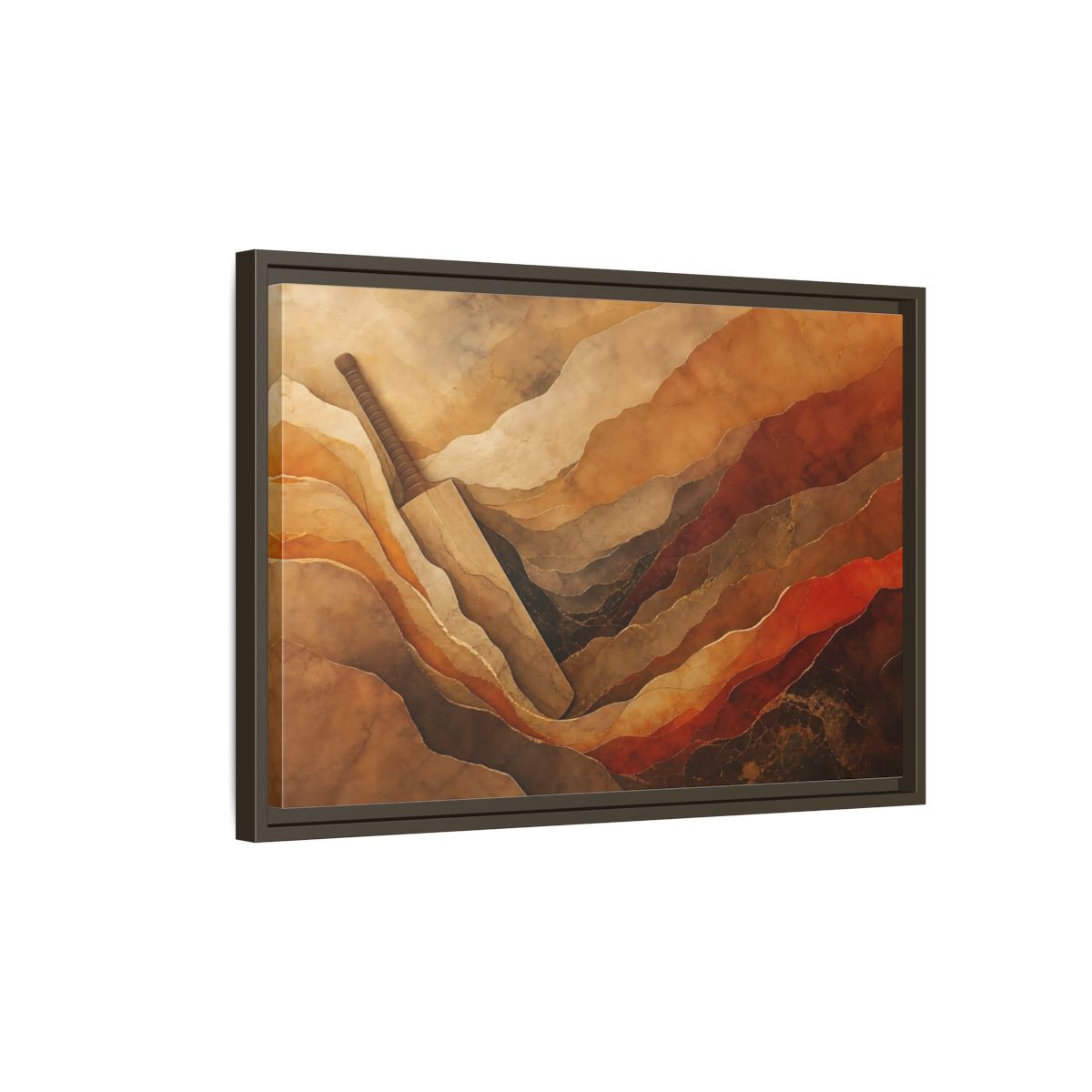 Side Mockup 2. Sports Cricket Bat Brown And Orange shown as framed canvas print