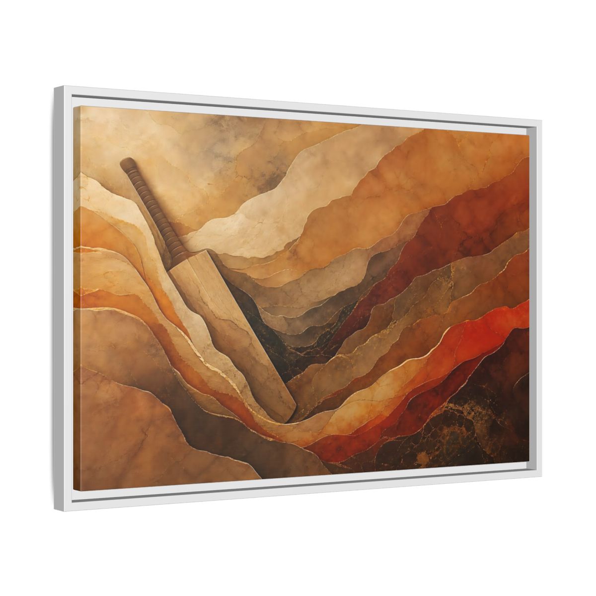 Side Mockup 10. Sports Cricket Bat Brown And Orange shown as framed canvas print