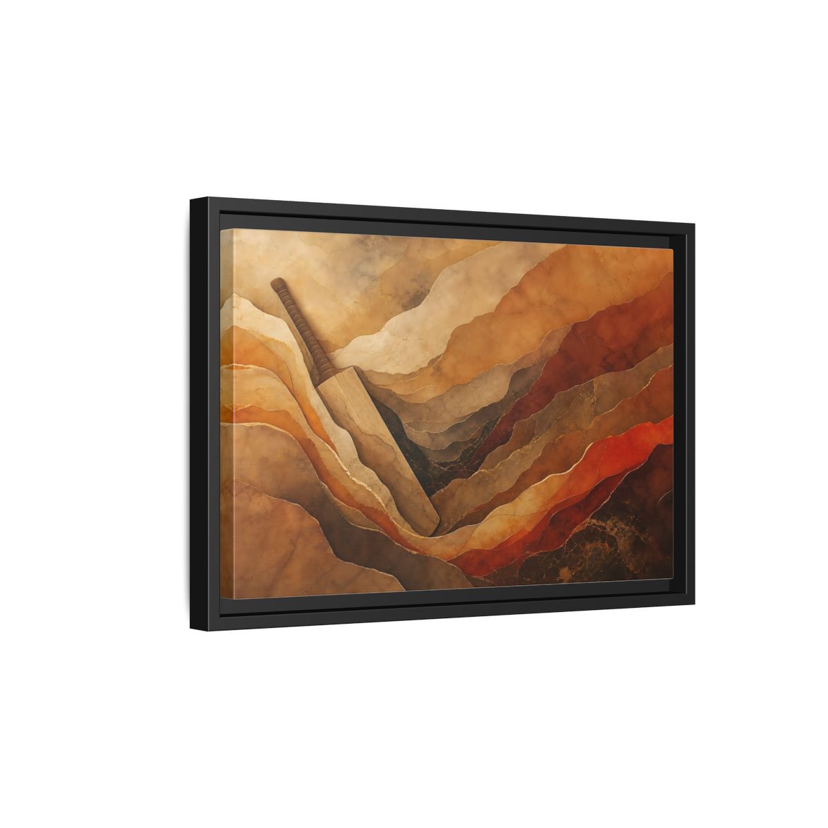 Side Mockup 6. Sports Cricket Bat Brown And Orange shown as framed canvas print