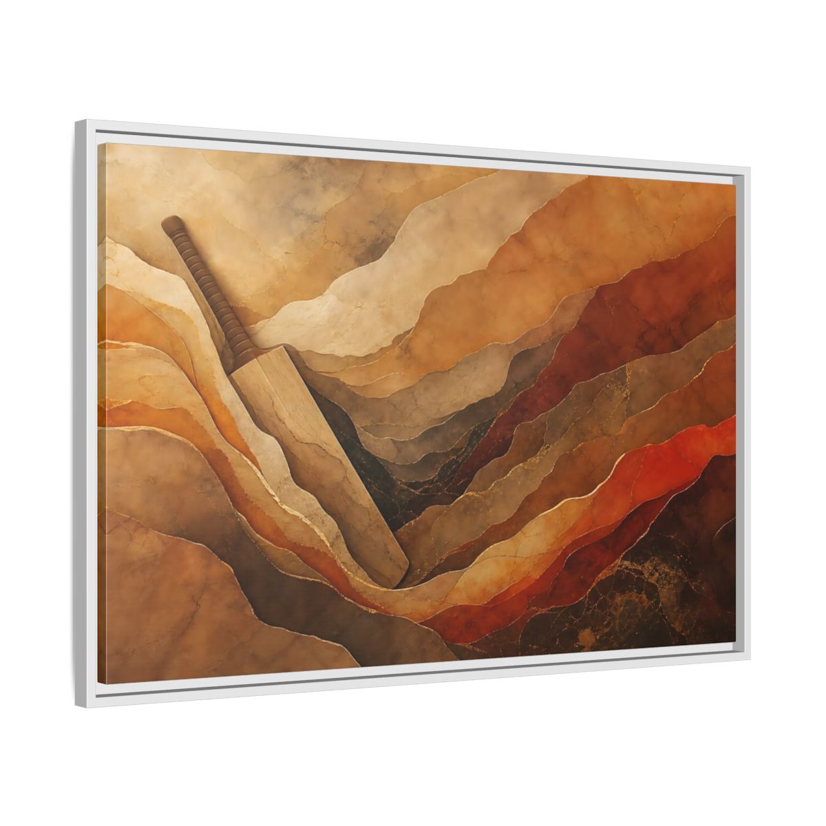 Side Mockup 9. Sports Cricket Bat Brown And Orange shown as framed canvas print
