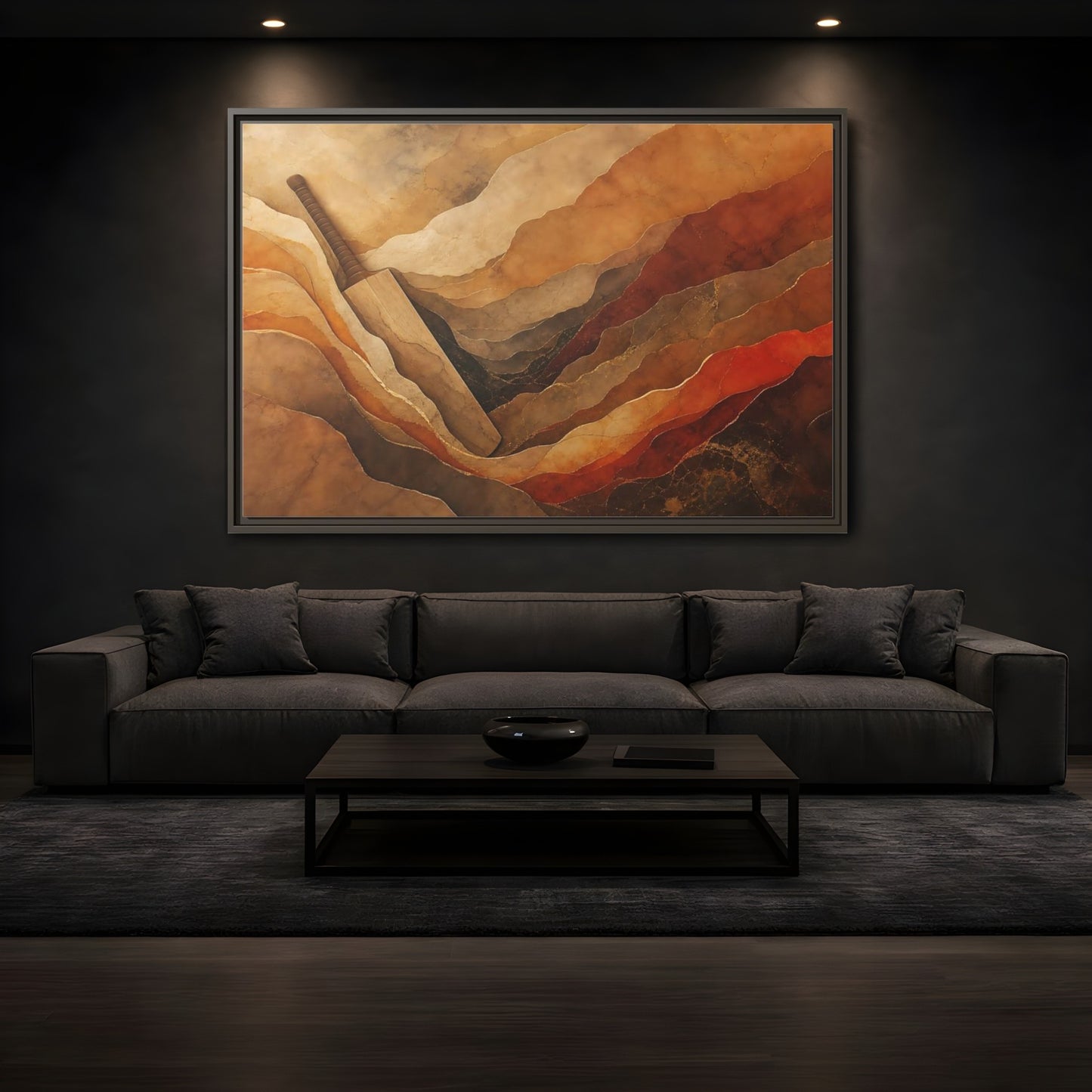 Mockup 3. Sports Cricket Bat Brown And Orange shown as framed canvas print