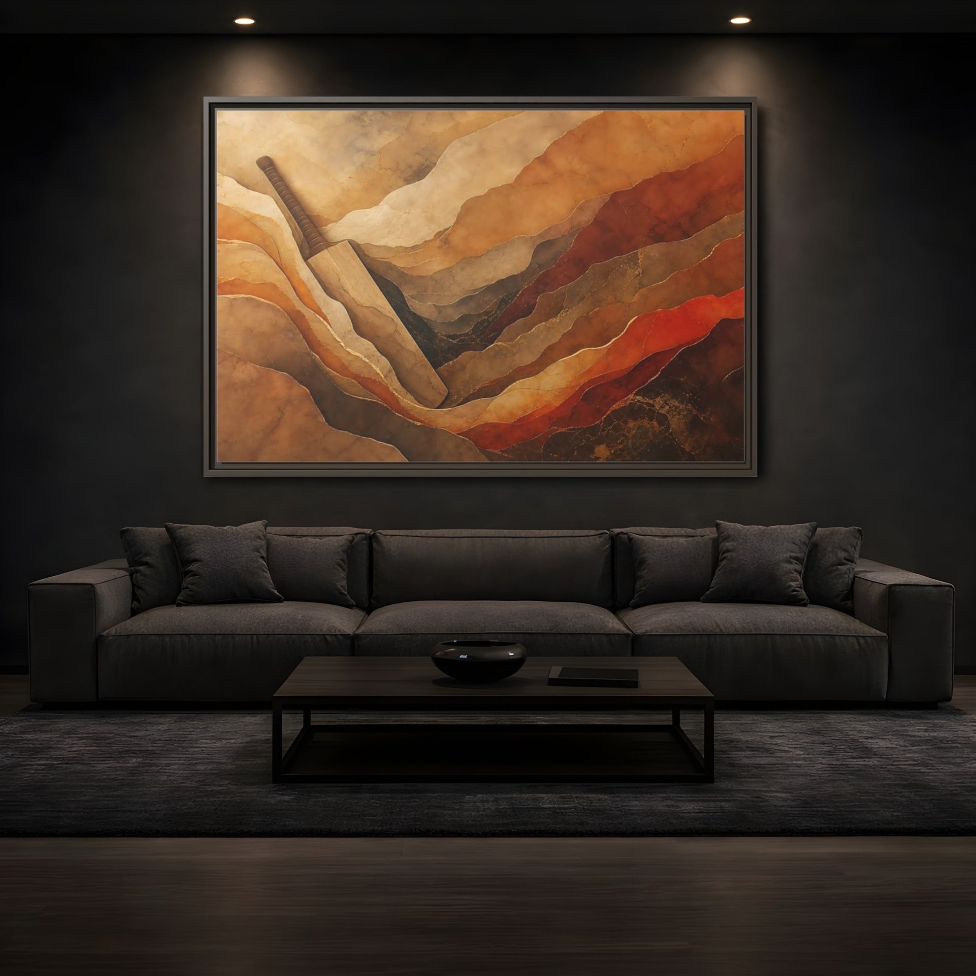 Mockup 3. Sports Cricket Bat Brown And Orange shown as framed canvas print