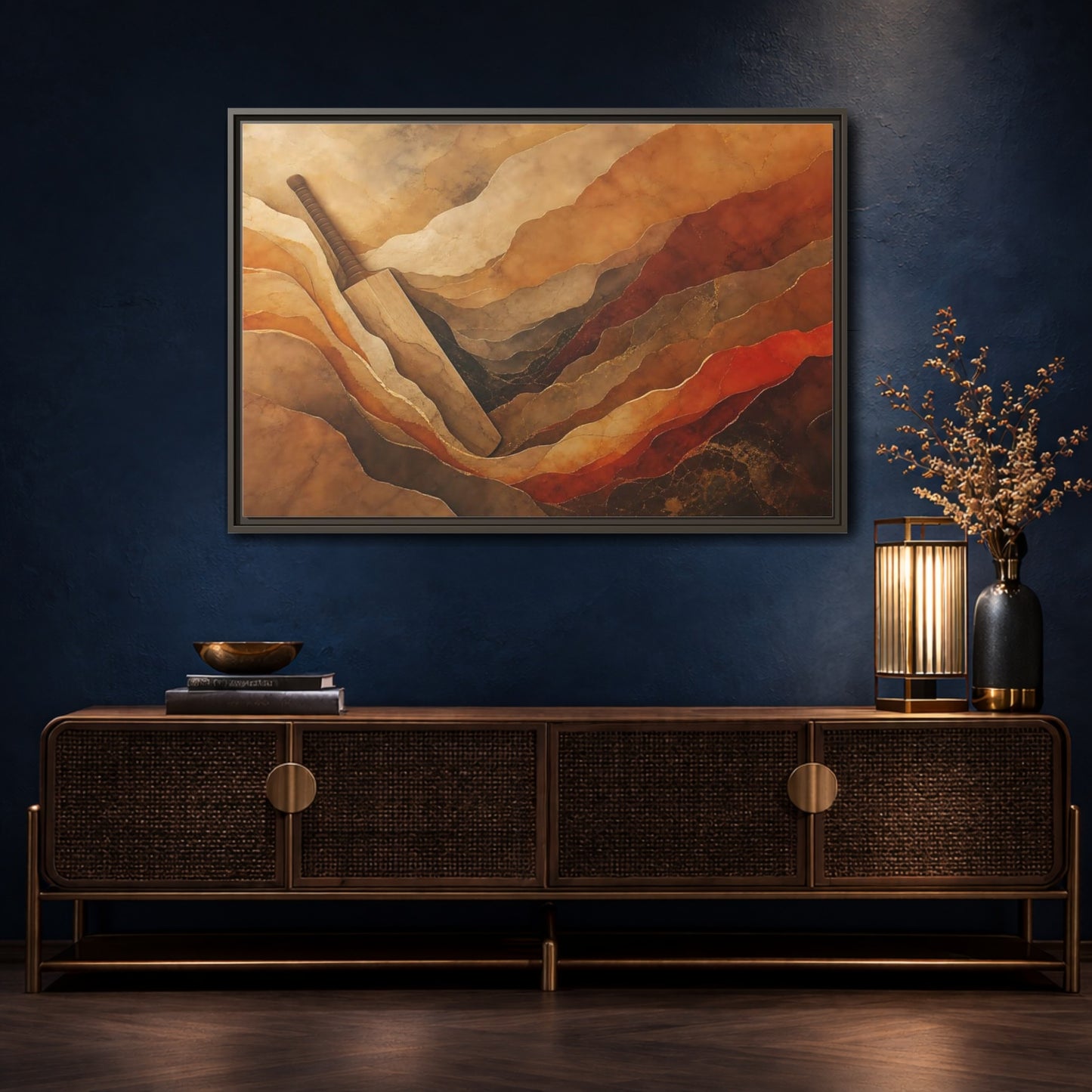 Mockup 4. Sports Cricket Bat Brown And Orange shown as framed canvas print