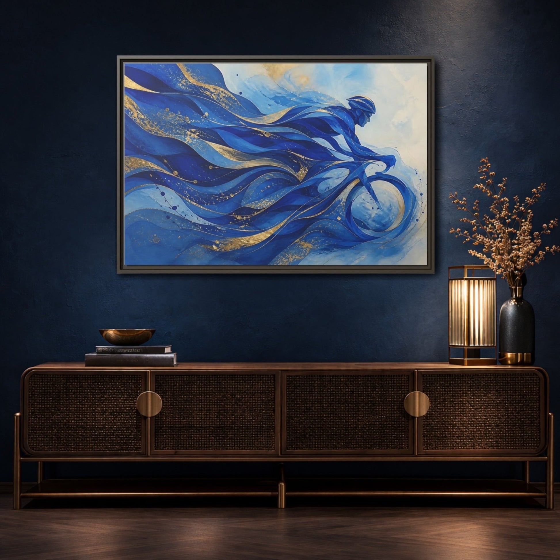 Sports Cyclist Blue And Gold Framed Canvas Print Wall Art – Abstract Living Room, Above Sofa - YesArtYes